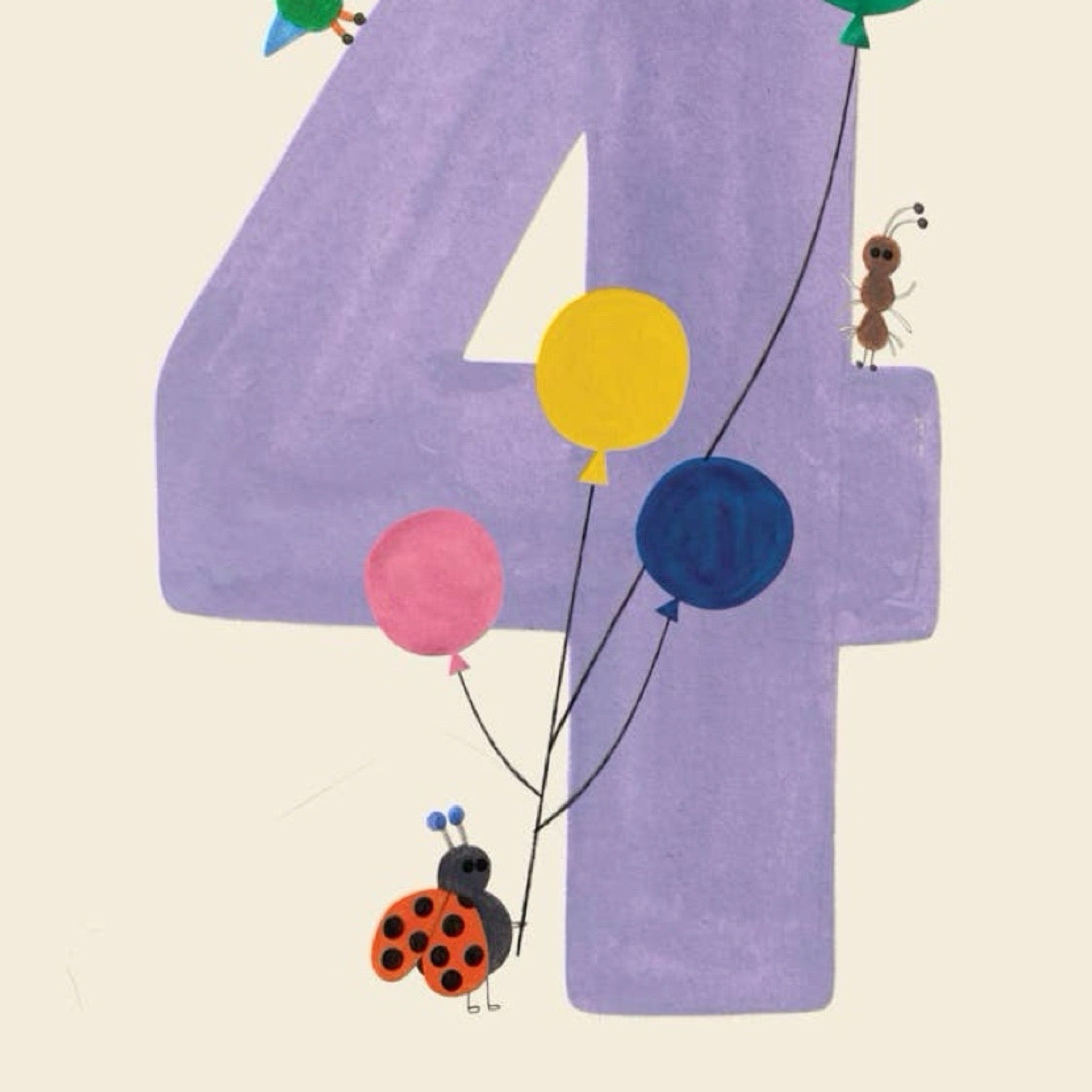 Illustration of a purple number '4' with colourful balloons and small creatures on a beige background.