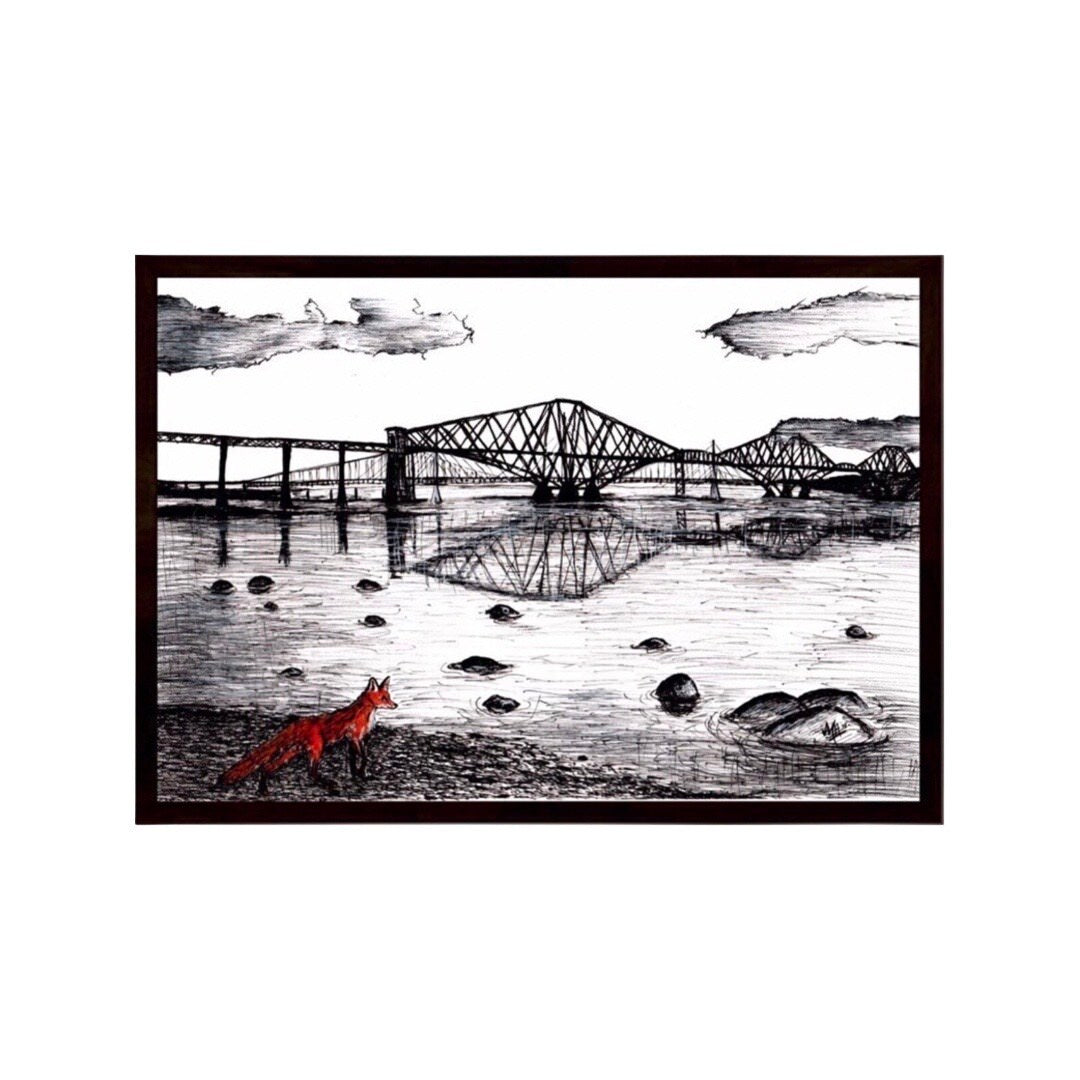 A framed illustrated print of a fox admiring the view of the three iconic Forth Bridges.