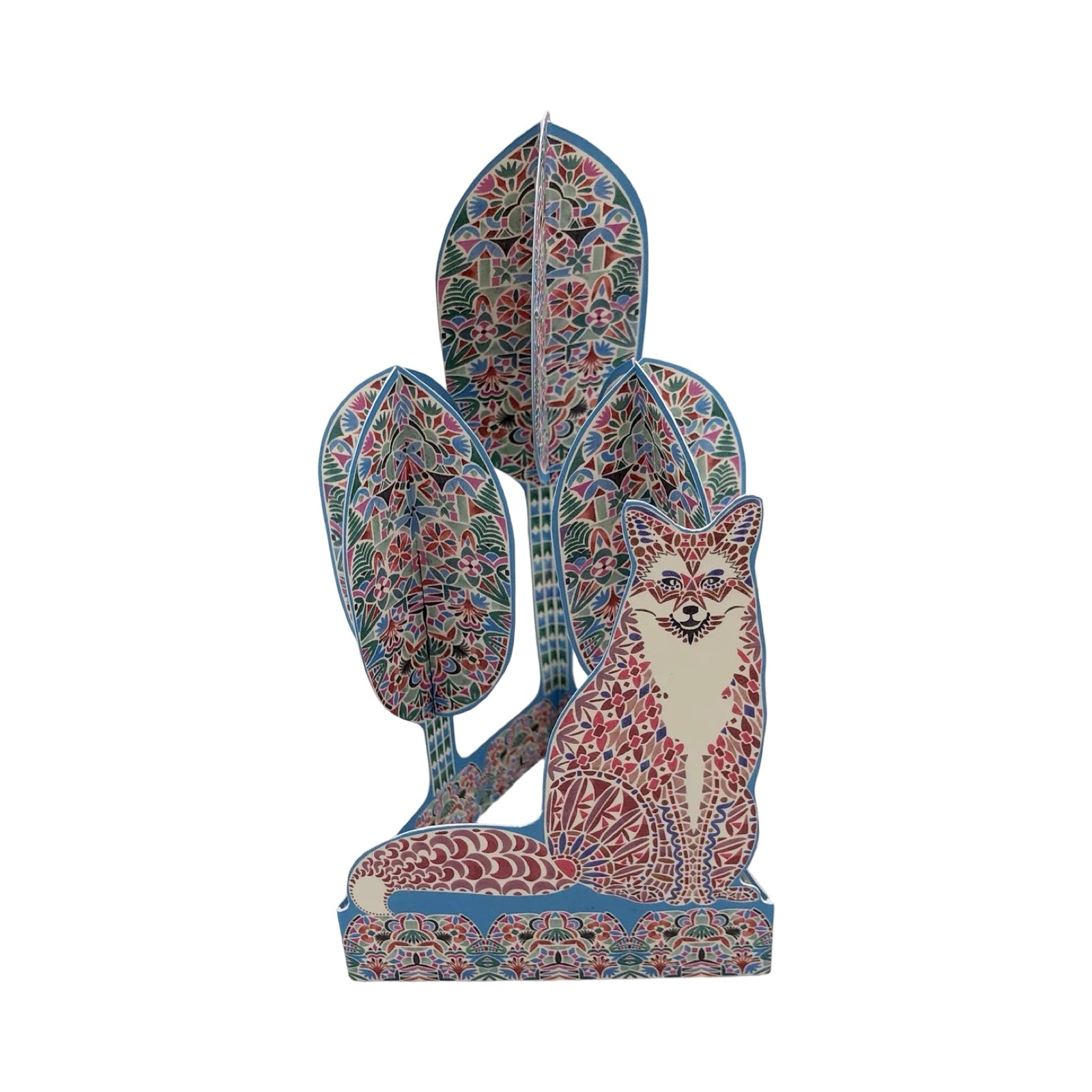 Decorative fox figure with intricate patterns on a white background.