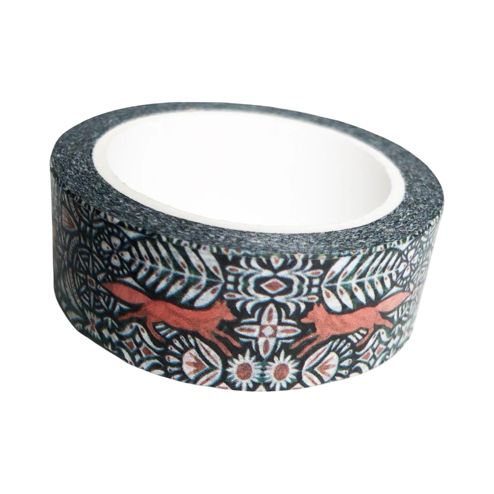 Decorative tape with a floral pattern on a white background.