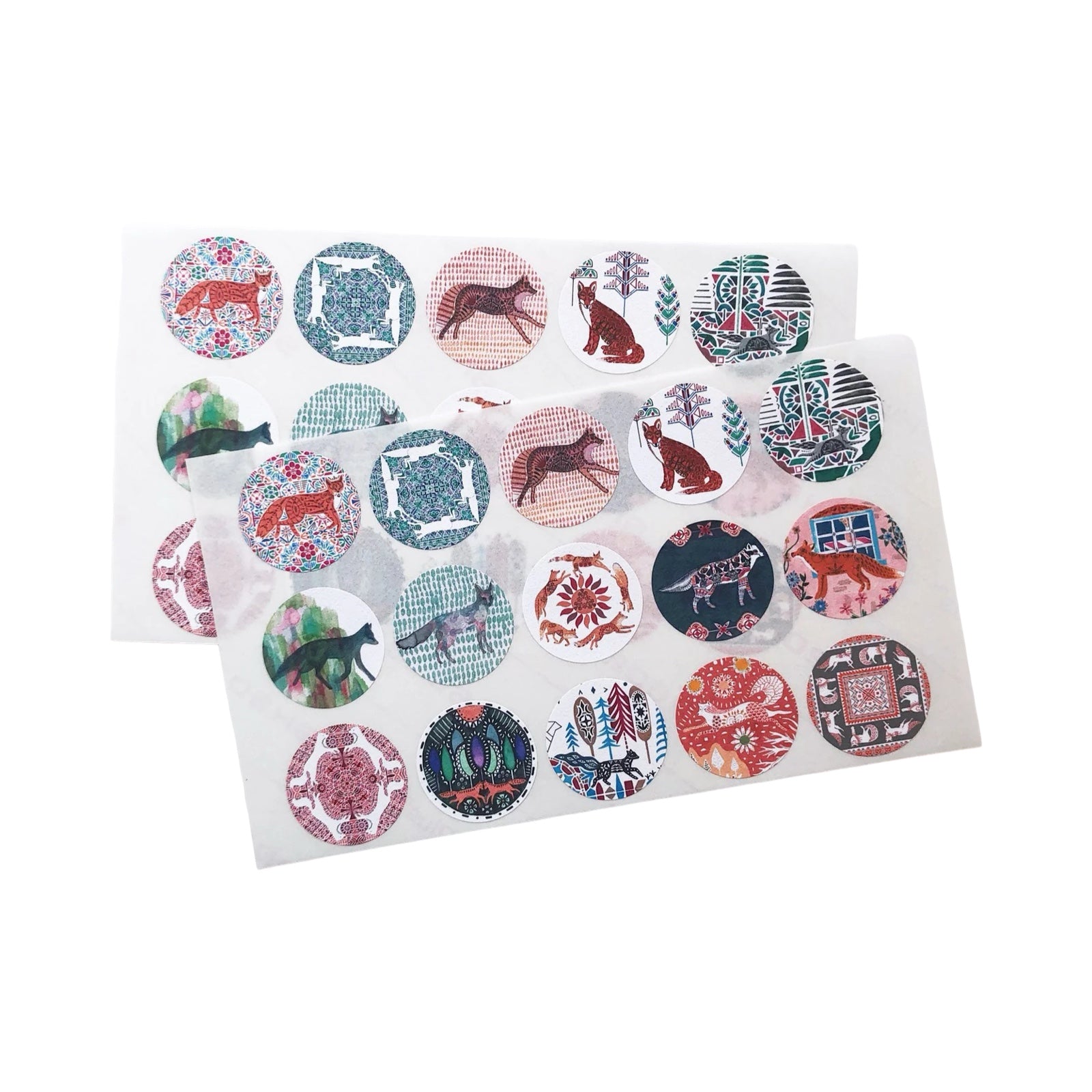 Two sheets of decorative stickers with animal designs on a white background.