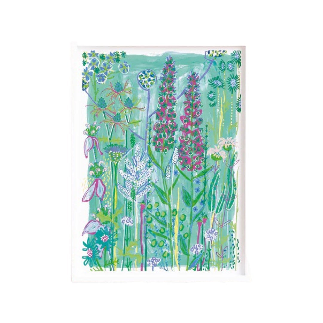 A rectangular print from an original painting featuring green and deep pink foxgloves and other multi-coloured flowers on a turquoise background