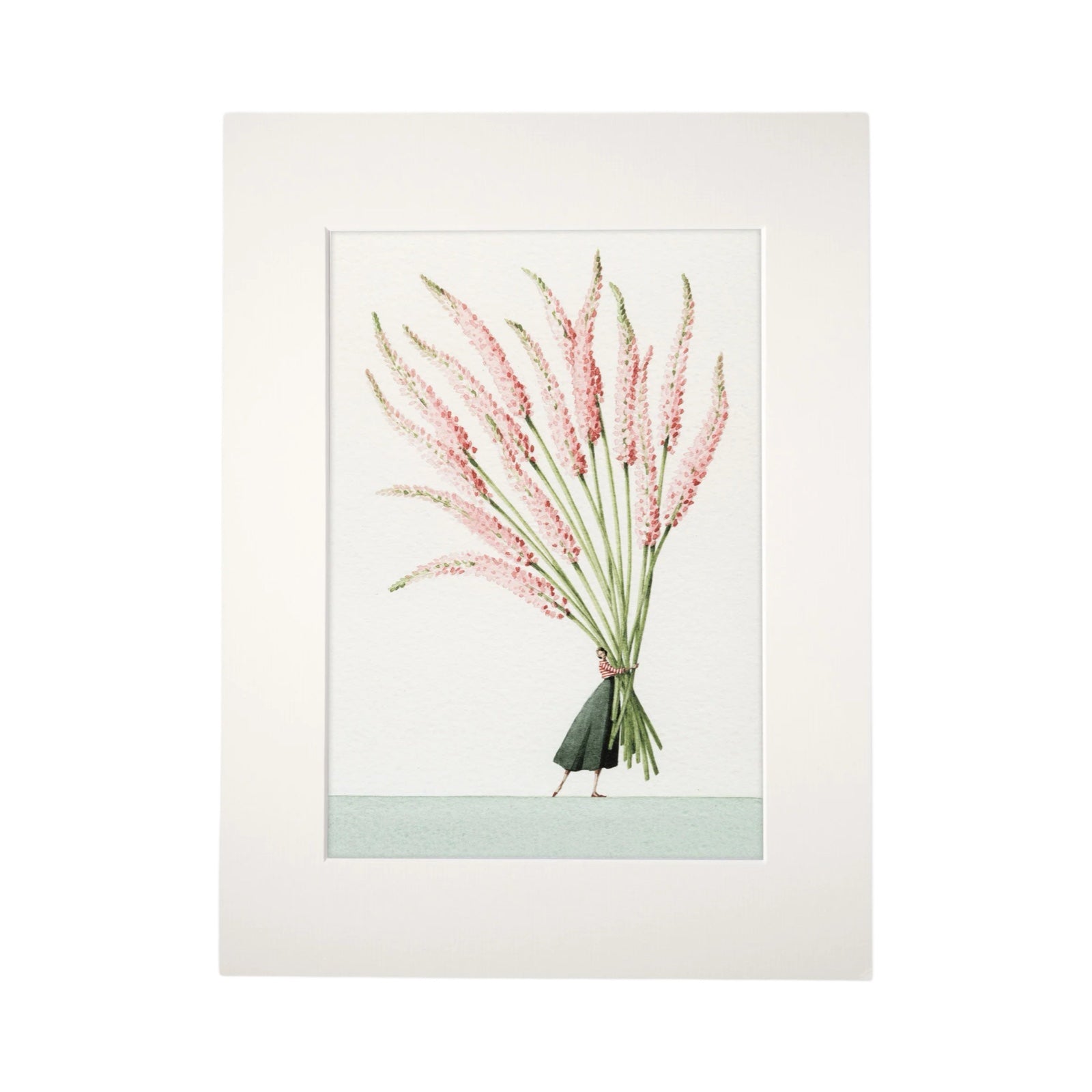 A print of a bunch of pink Foxtails being held by a lady dressed in a long flowing green dress and a red and white stripy top.