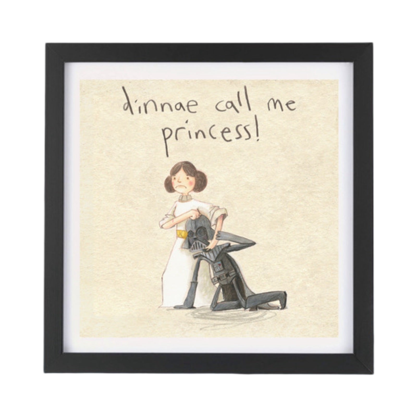 Illustrated square print of Princess Leia holding Darth Vadar in a headlock. Framed print.