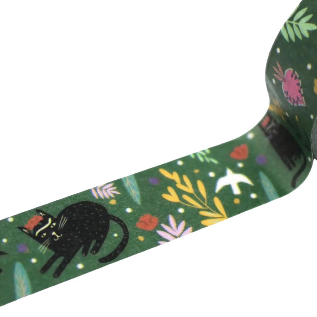 Green washi tape with illustrated black cats and leaves in the style of Frida Kahlo.