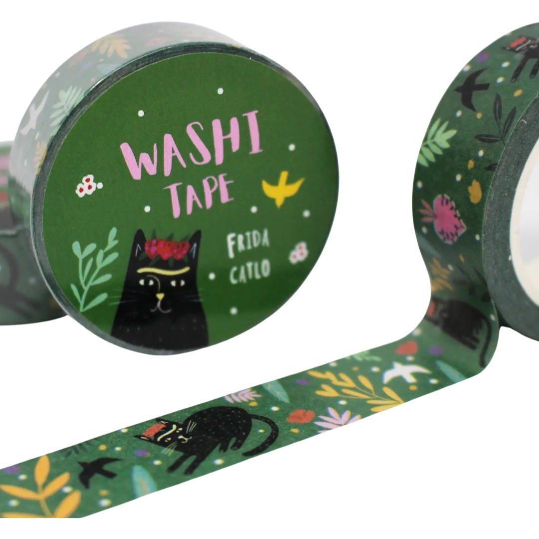 Green washi tape with illustrated black cats and leaves in the style of Frida Kahlo.