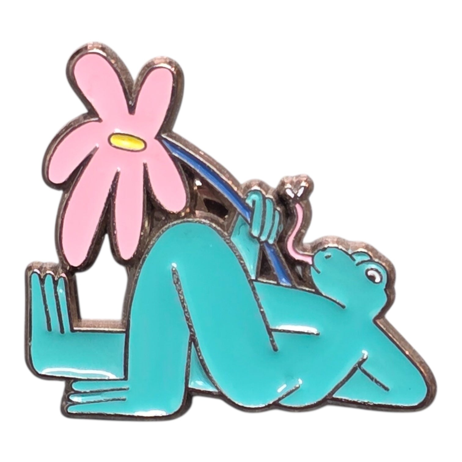 Froggy enamel pin badge featuring green frog lying relaxing holding a pink lily.
