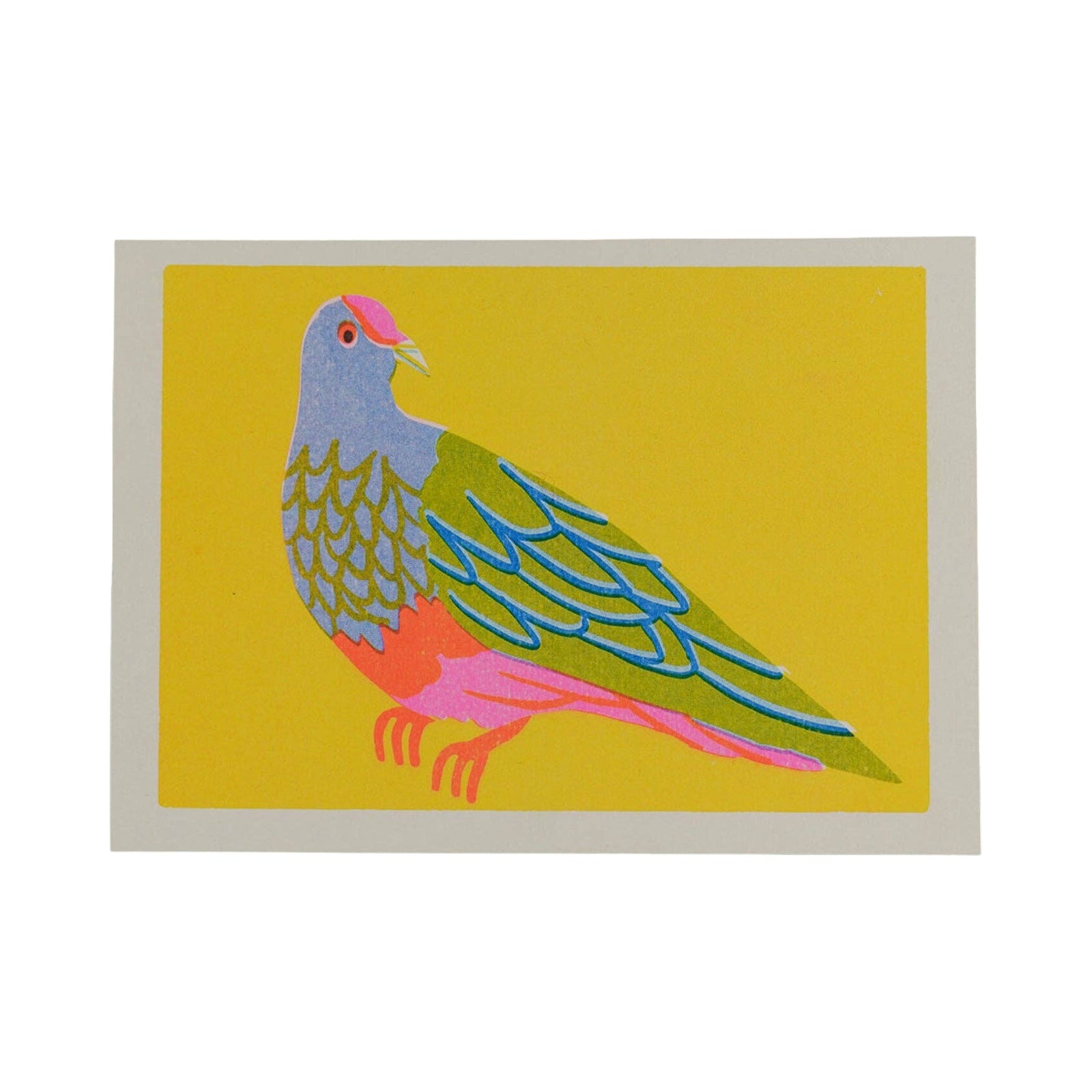 Colourful illustration of a bird on a yellow background.