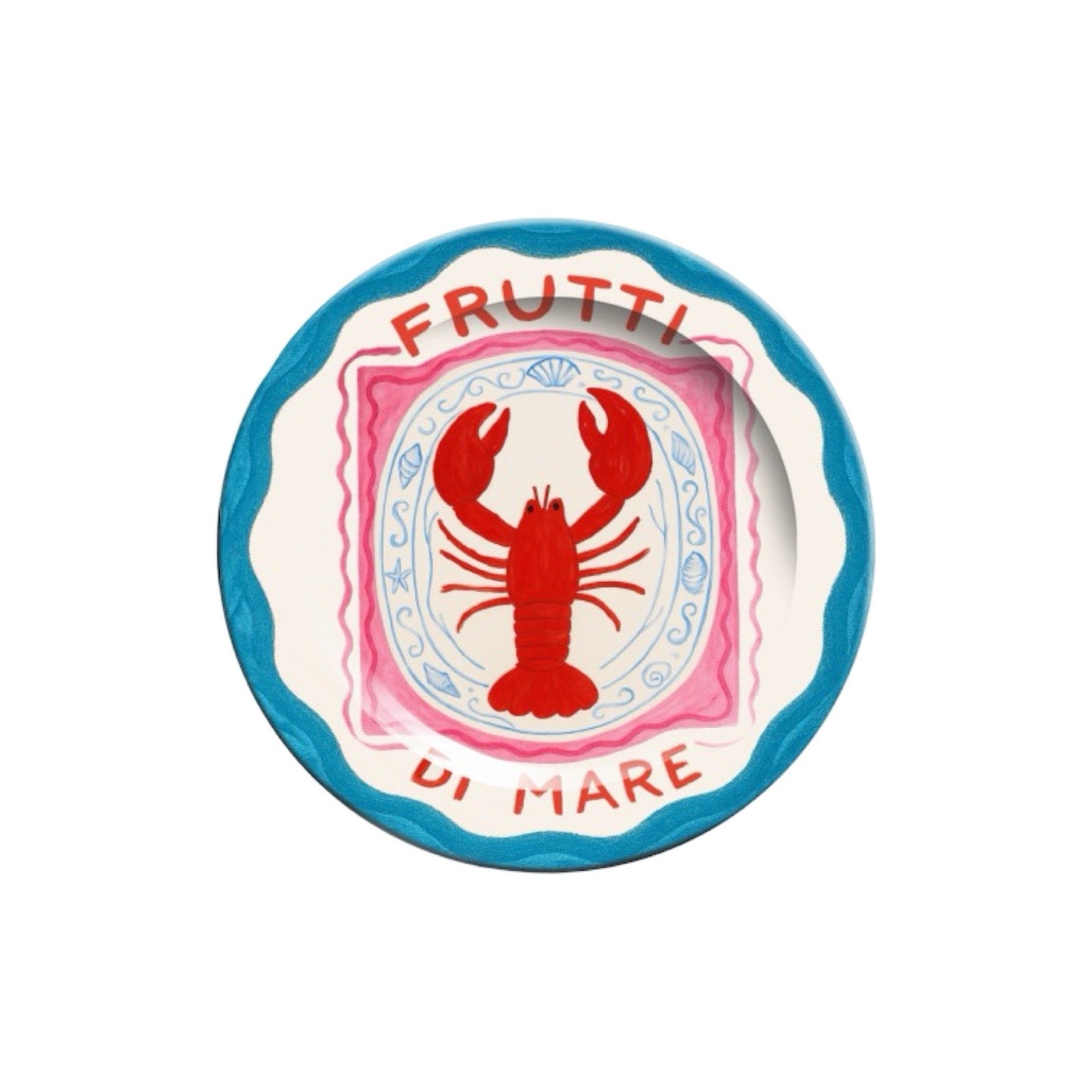 Decorative plate with a red lobster illustration and 'Frutti Di Mare' text on a white background.