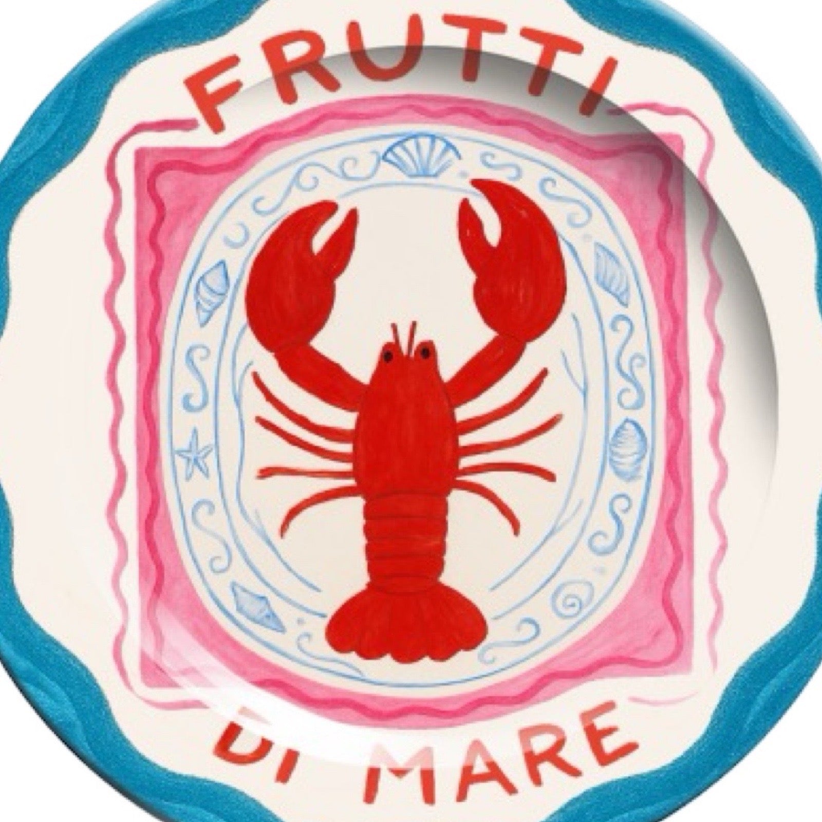 Decorative plate with a red lobster illustration and 'Frutti Di Mare' text on a white background.