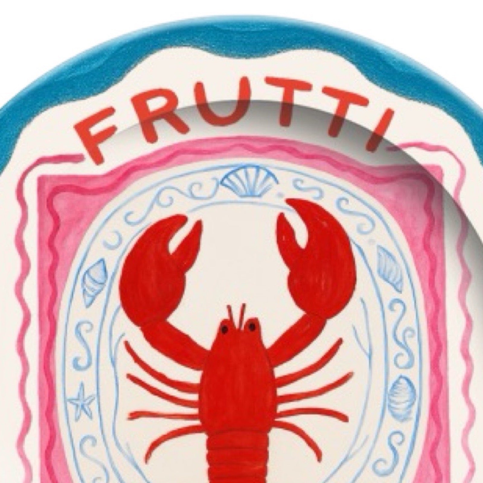 Decorative plate with a red lobster illustration and 'Frutti Di Mare' text on a white background.