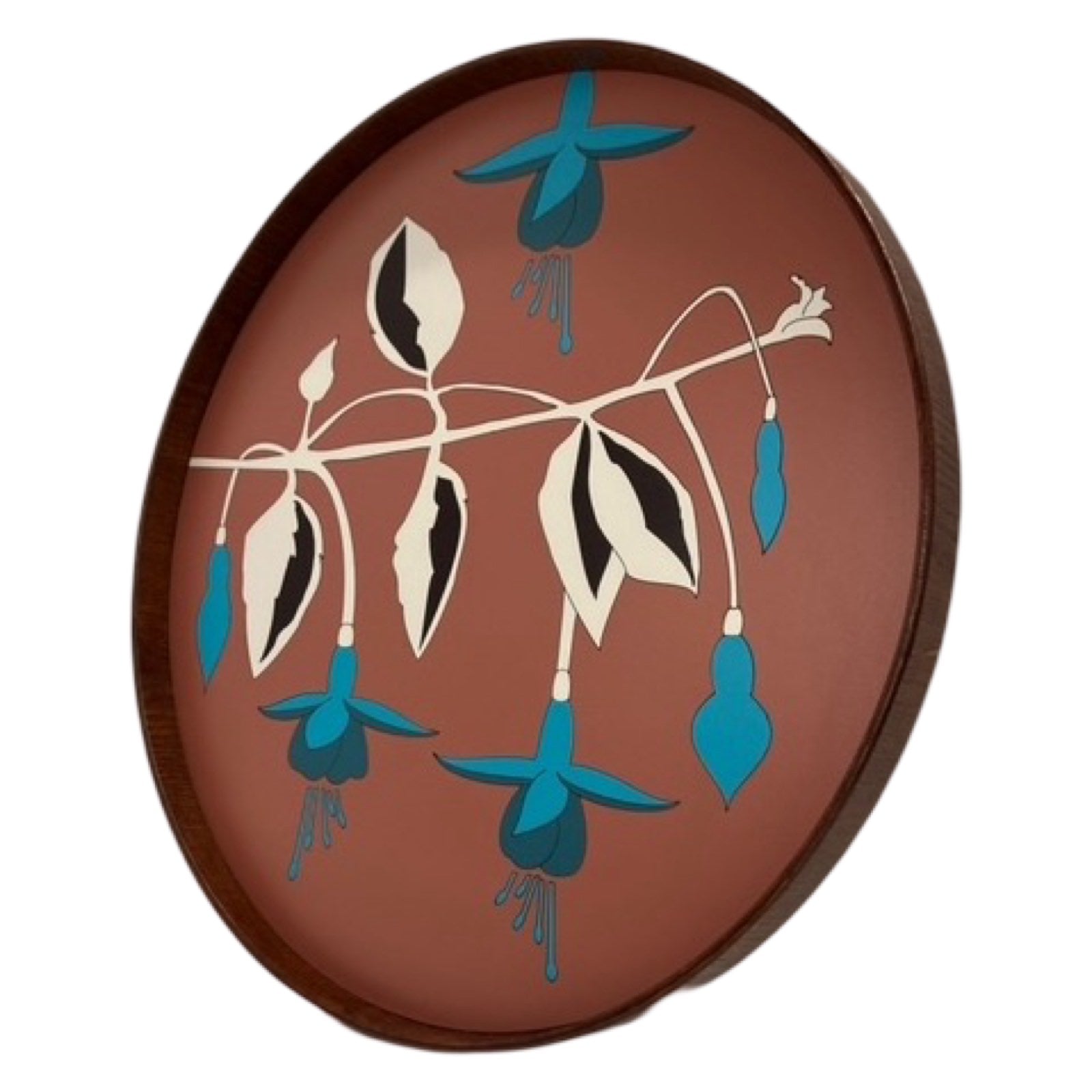 Handmade serving trays are made from bamboo with a colourful fuchsia flower design.