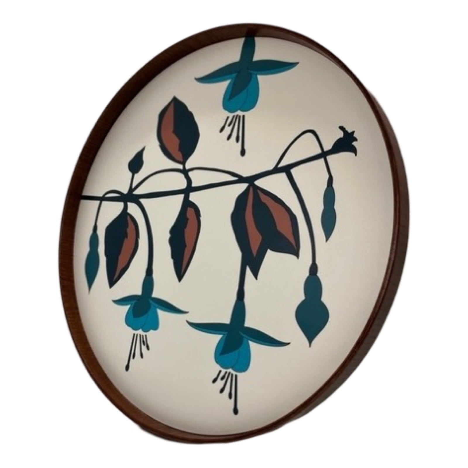 Handmade serving trays are made from bamboo with a colourful fuchsia flower design.