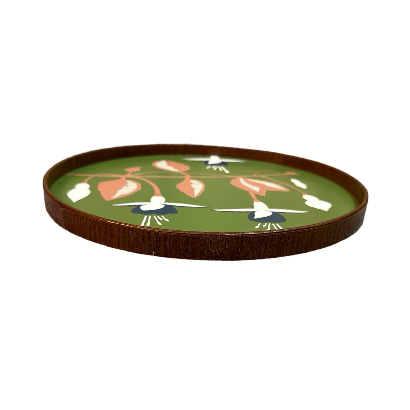 Handmade serving trays are made from bamboo with a colourful fuchsia flower design.