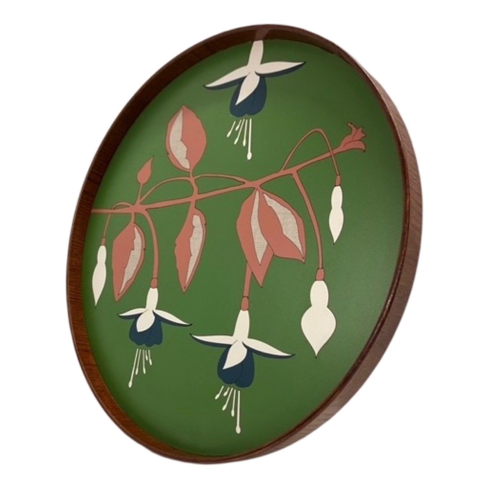 Handmade serving trays are made from bamboo with a colourful fuchsia flower design.