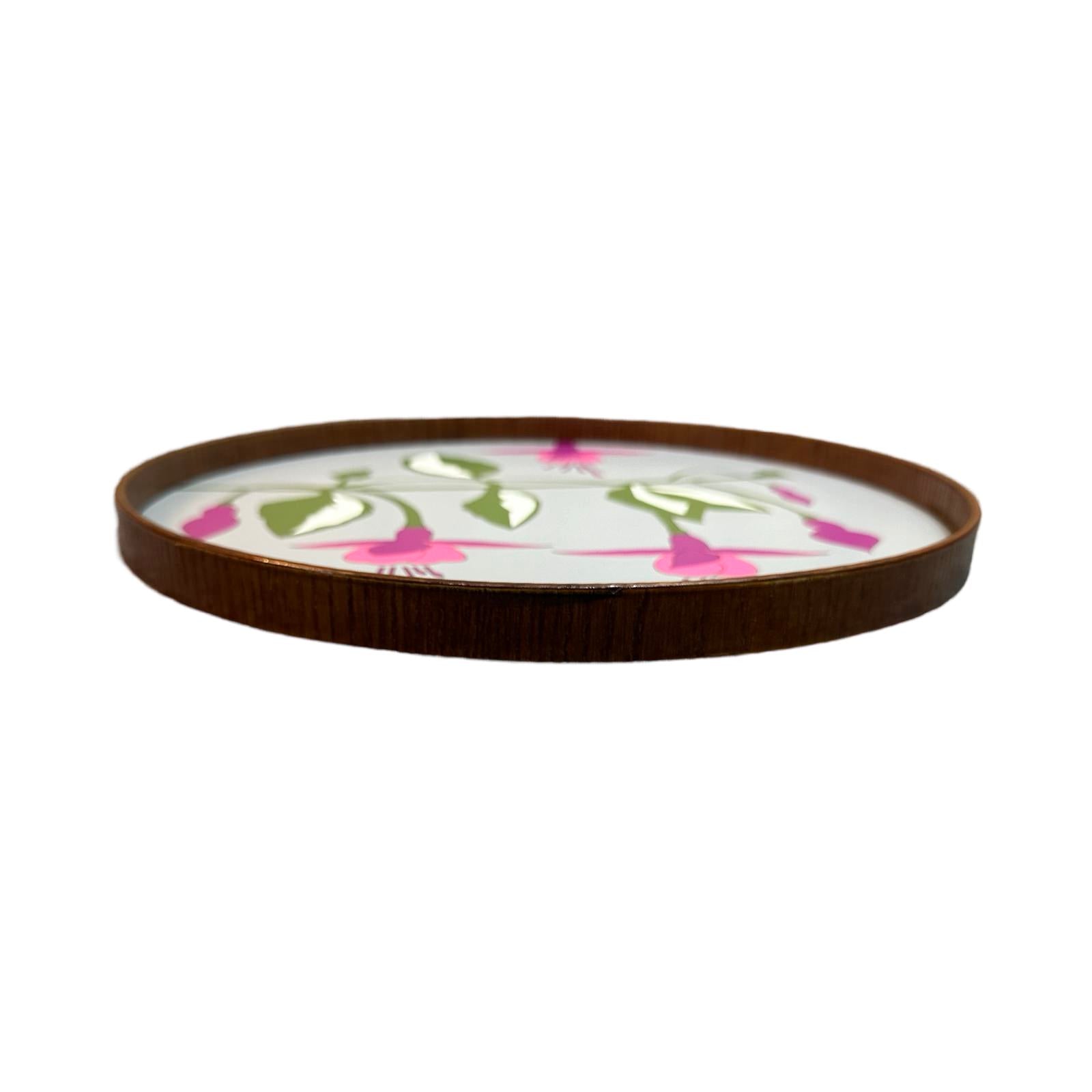 Handmade serving trays are made from bamboo with a colourful fuchsia flower design.
