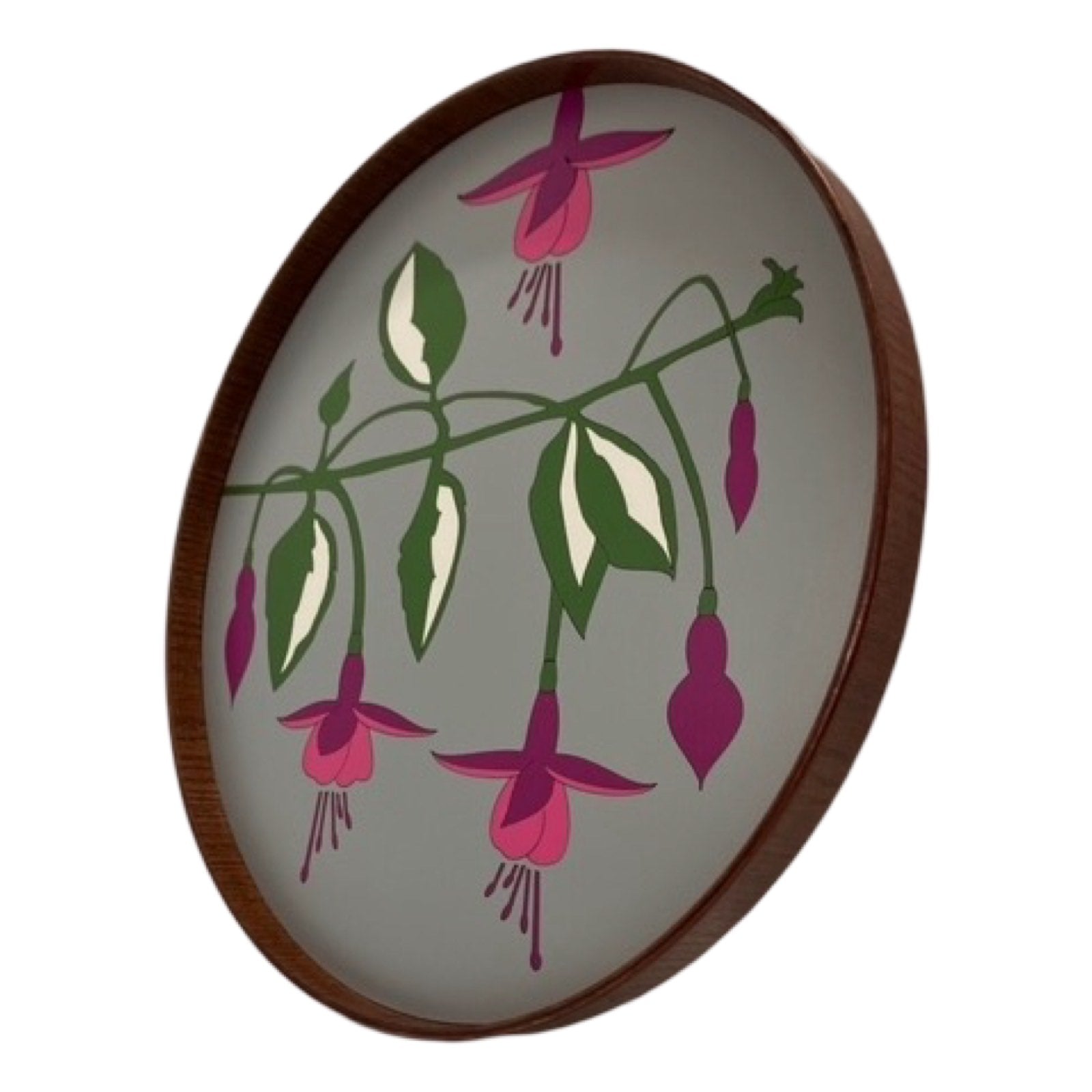 Handmade serving trays are made from bamboo with a colourful fuchsia flower design.