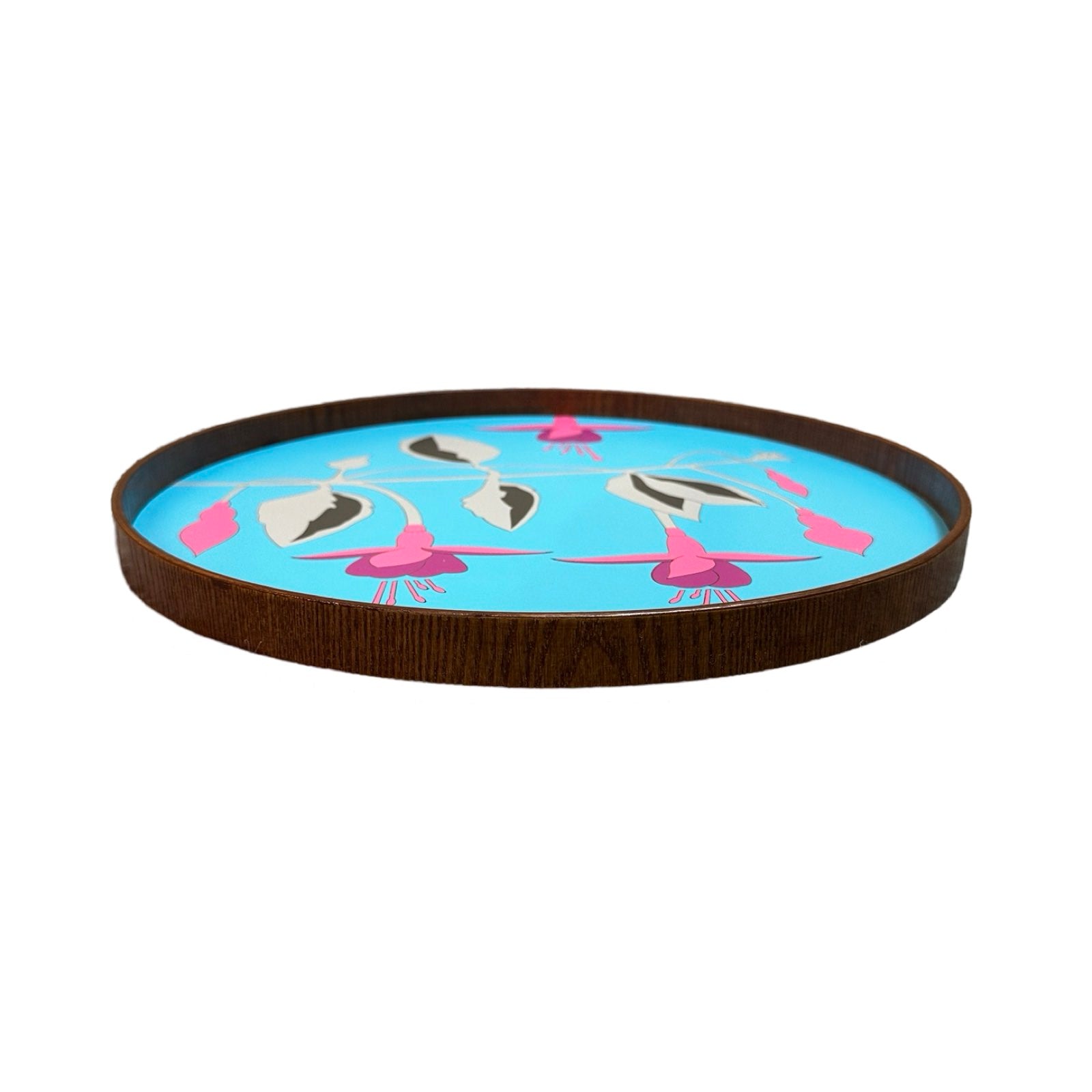 Handmade serving trays are made from bamboo with a colourful fuchsia flower design.