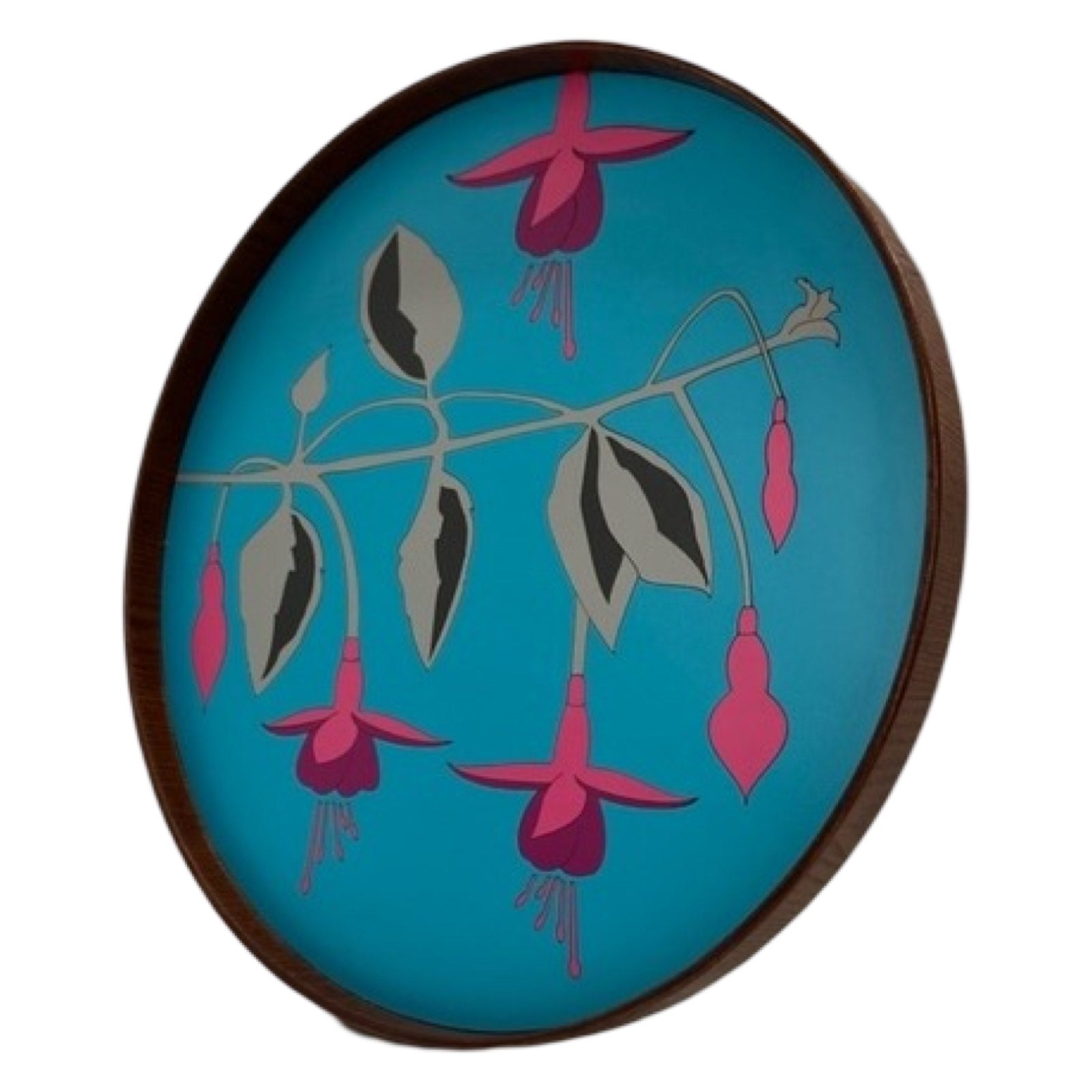 Handmade serving trays are made from bamboo with a colourful fuchsia flower design.