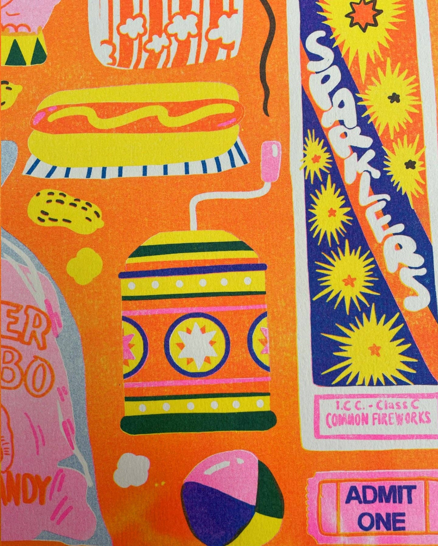 Colourful vintage-style poster with graphics of a hot dog, a ball, and fireworks.