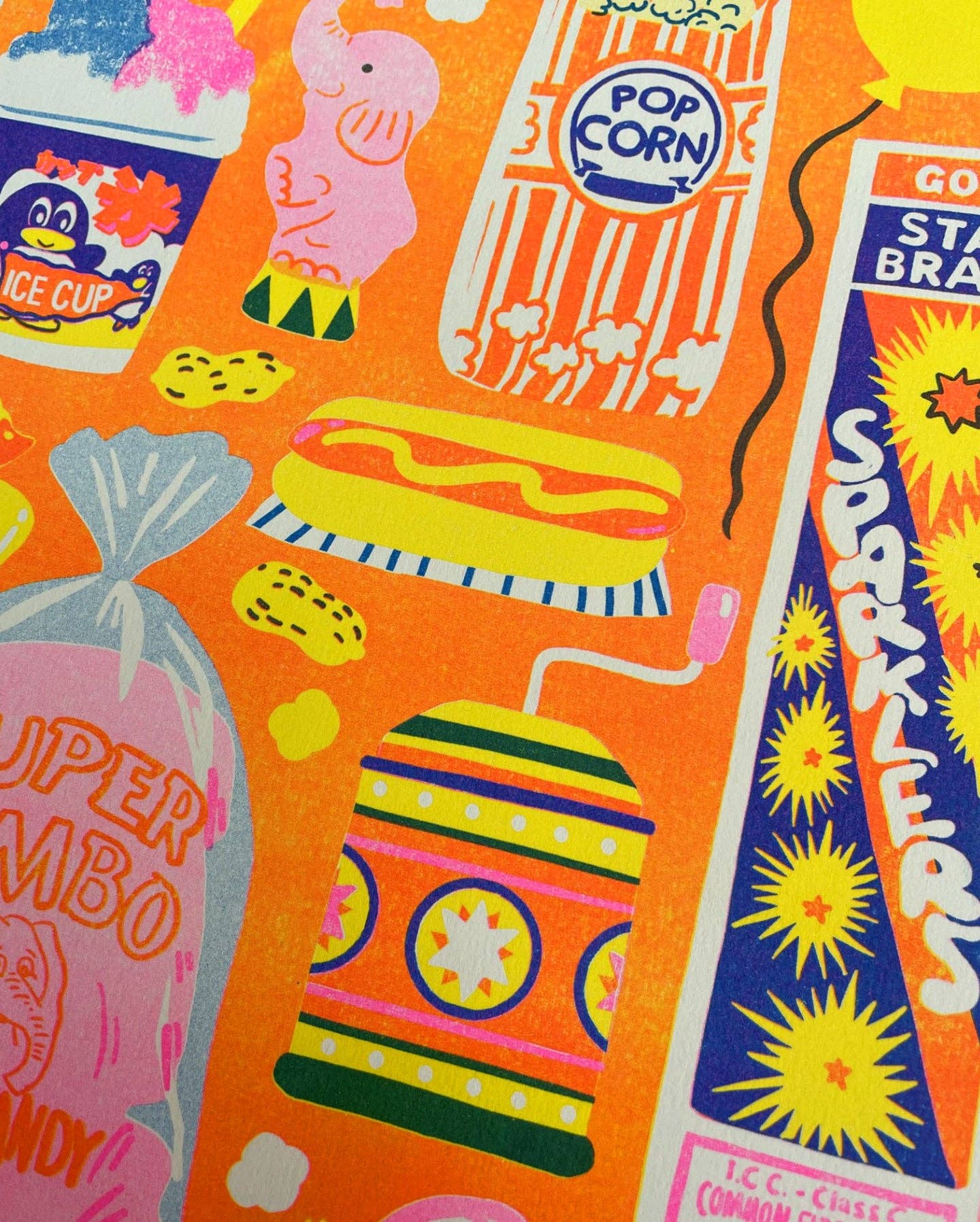 Colorful pattern with popcorn, candy, and other vintage-style items on an orange background.