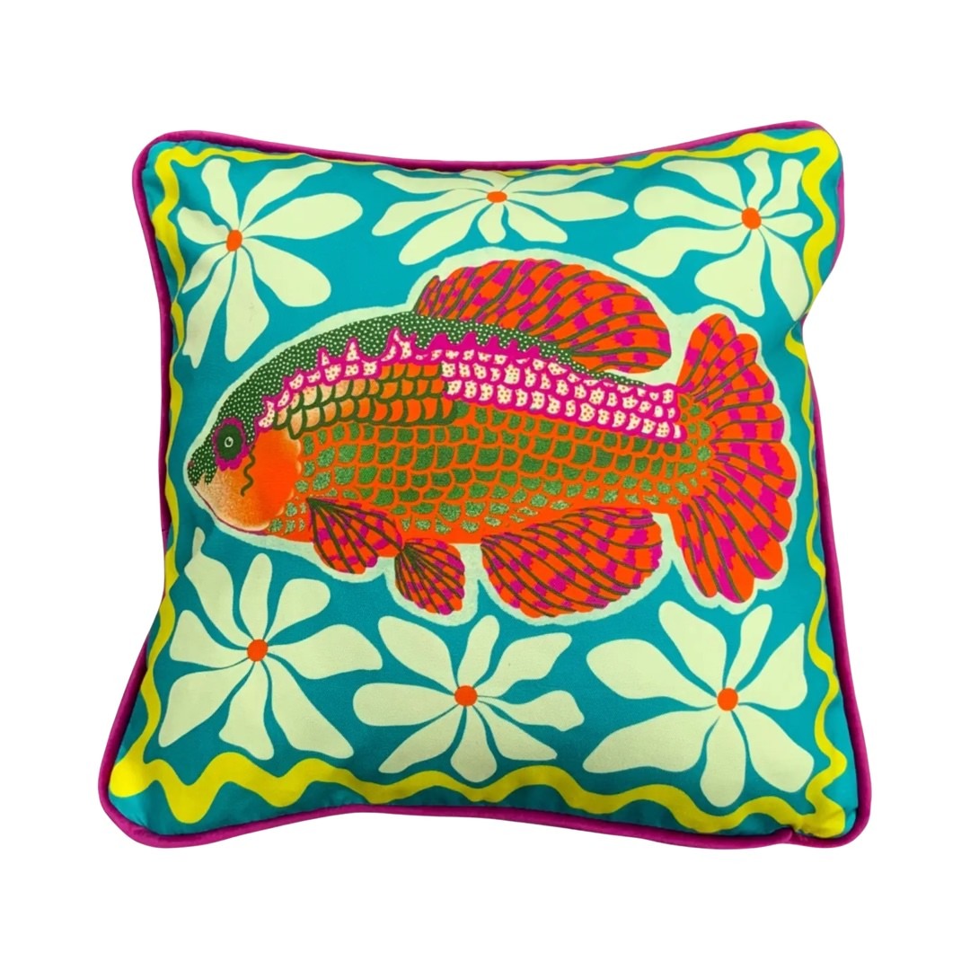 Gorgeous cushion featuring an orange, pink and green fish on a turquoise background with white daisies.