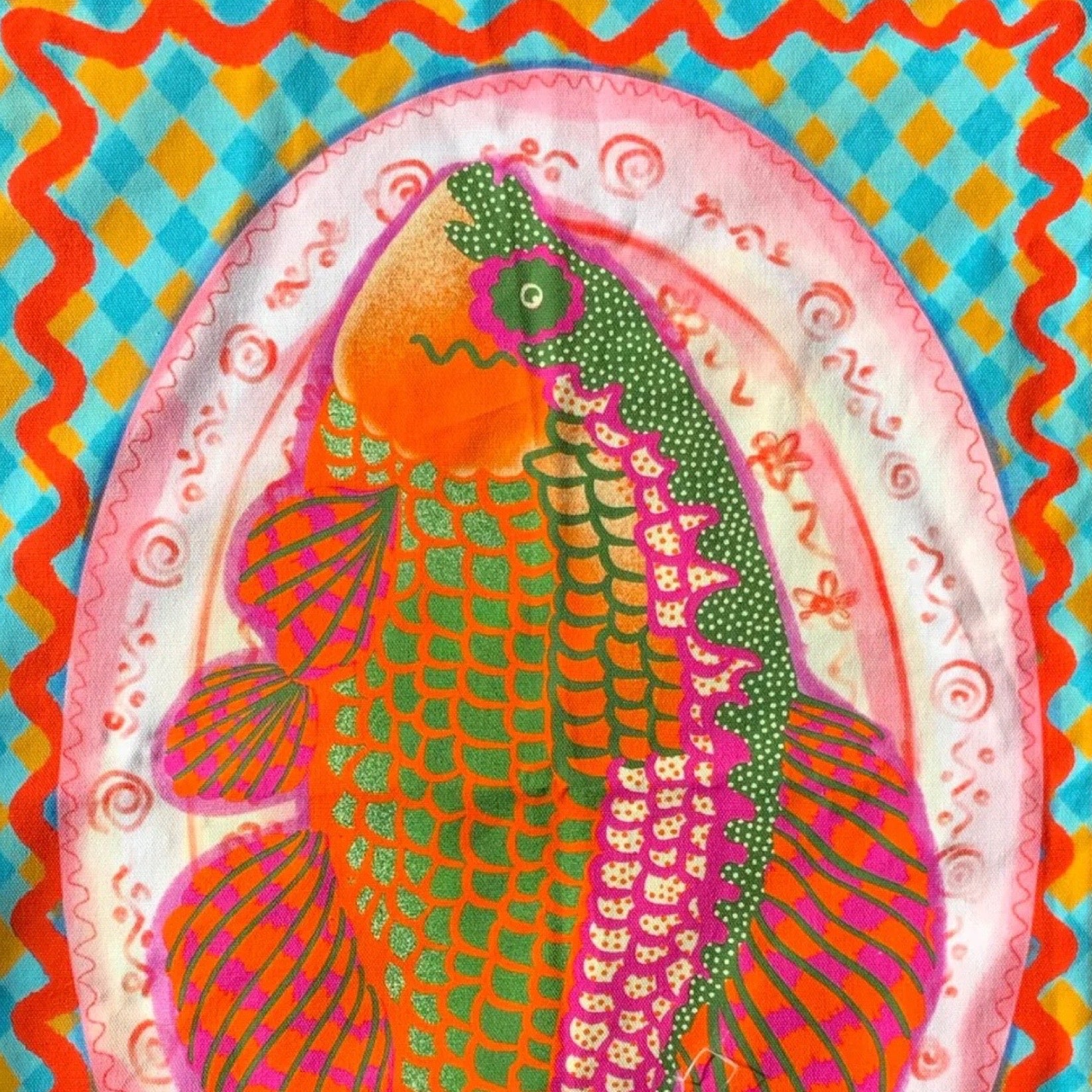 Colorful fish illustration on a patterned background.