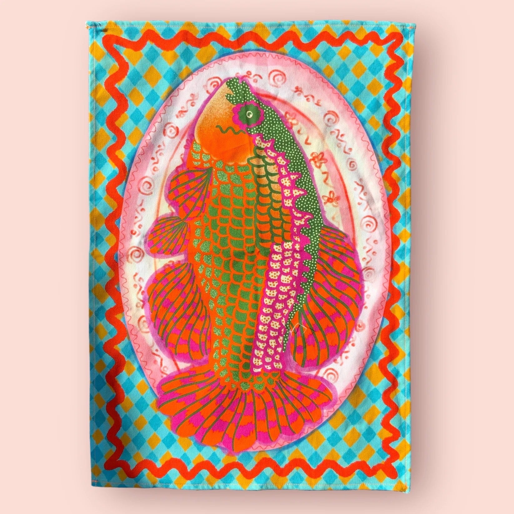 Colourful fish illustration on a patterned background.