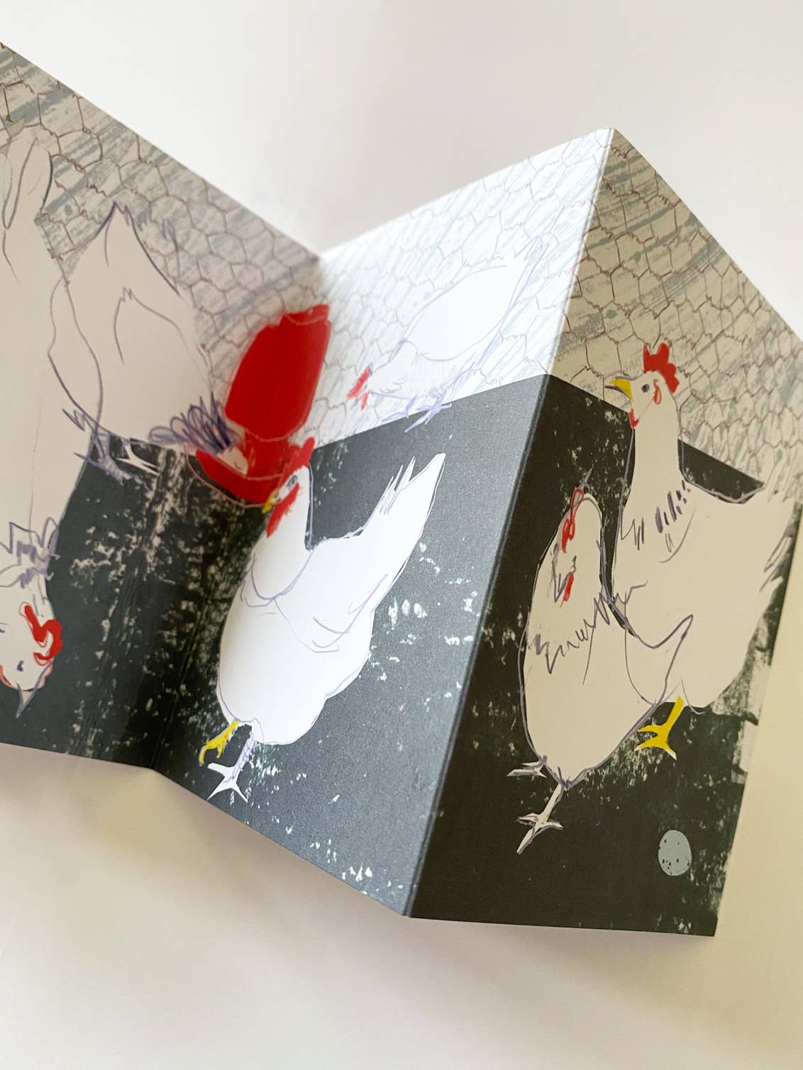 Card with illustrations of chickens on a white background.