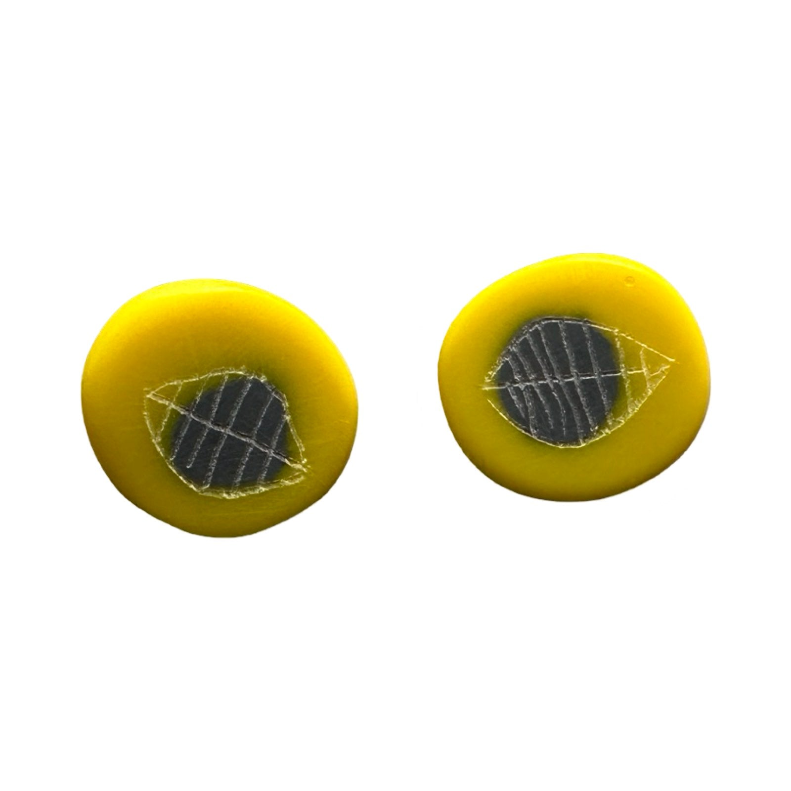 Yellow circular stud earrings with a white engraved leaf and a grey dot.