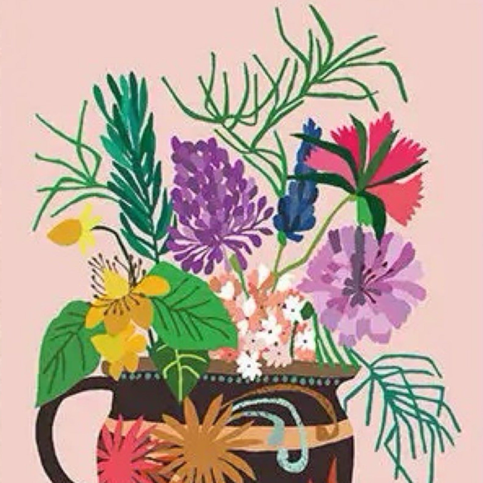 Card featuring a bunch of colourful flowers in a black and green floral vase, all on a pale pink background.