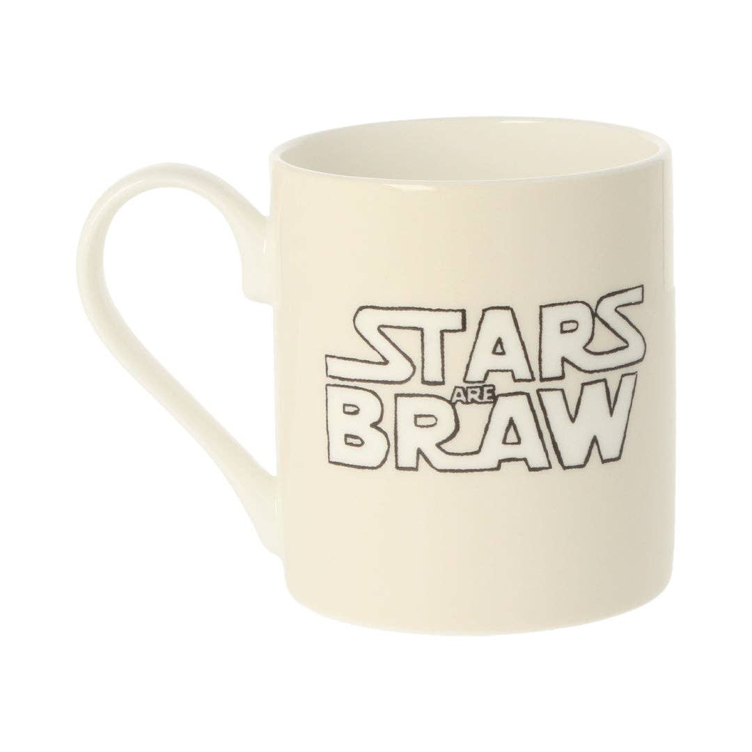 White mug with 'STARS ARE BRAW' text on a white background.