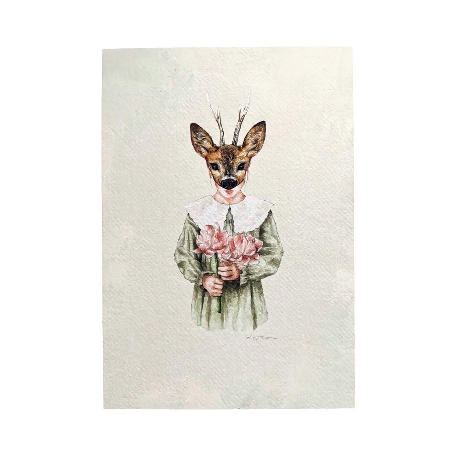 An art print of a girl wearing a deer mask, dressed in a green dress with a fabulous lace collar and holding a bunch of pink flowers.