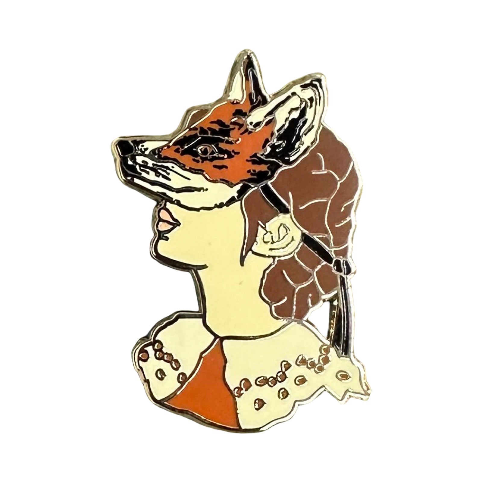 This enamel pin badge features a girl's head wearing a fox mask.