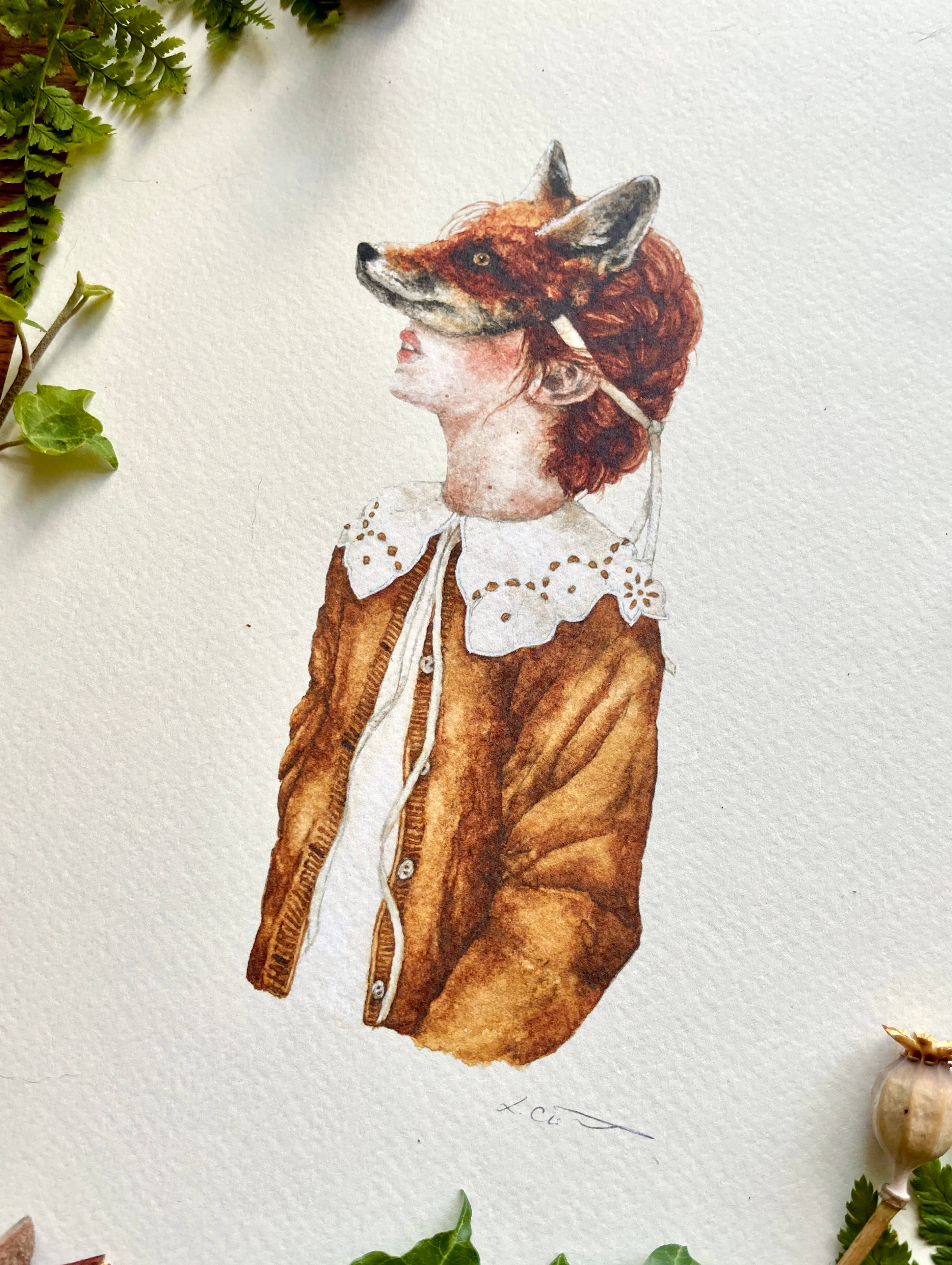 An art print of a girl wearing a fox mask, dressed in a white shirt with a fabulous lace collar and a brown coat, and surrounded by leaves and acorns.