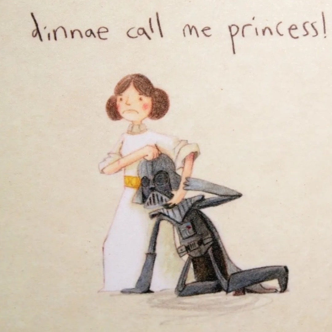 Coaster featuring an illustration of Princess Leia holding Darth Vadar in a headlock and the text 'Dinnae call me Princess'.