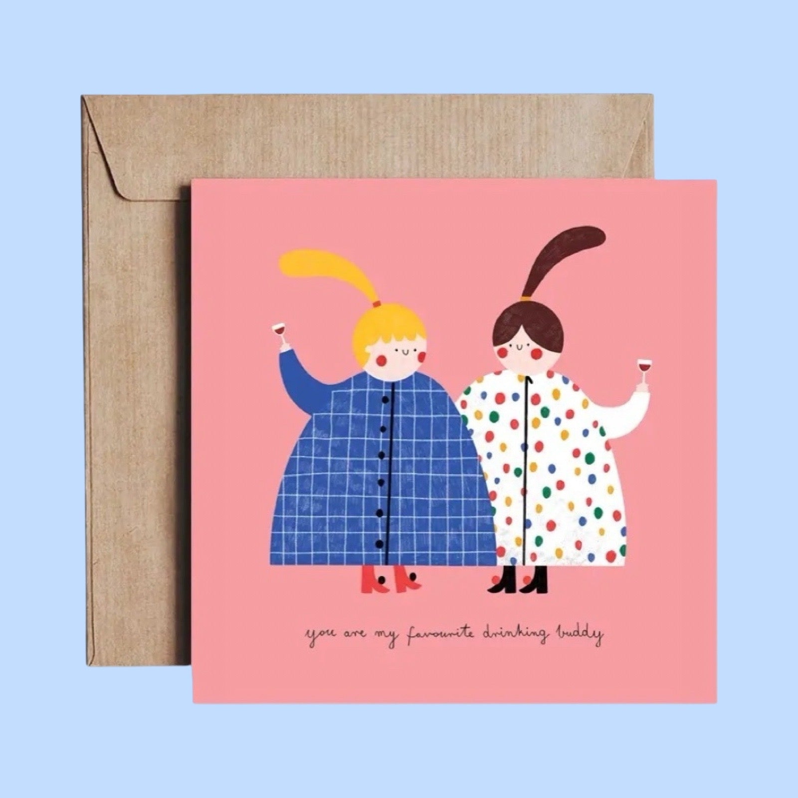 Greeting card with two illustrated characters and a brown envelope on a light blue background.