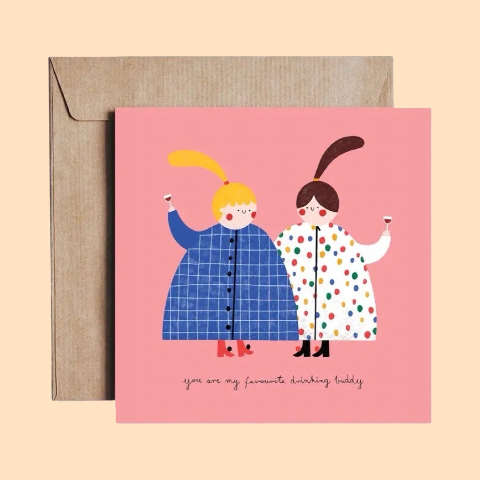 Greeting card with two illustrated characters and a brown envelope on a yellow background.