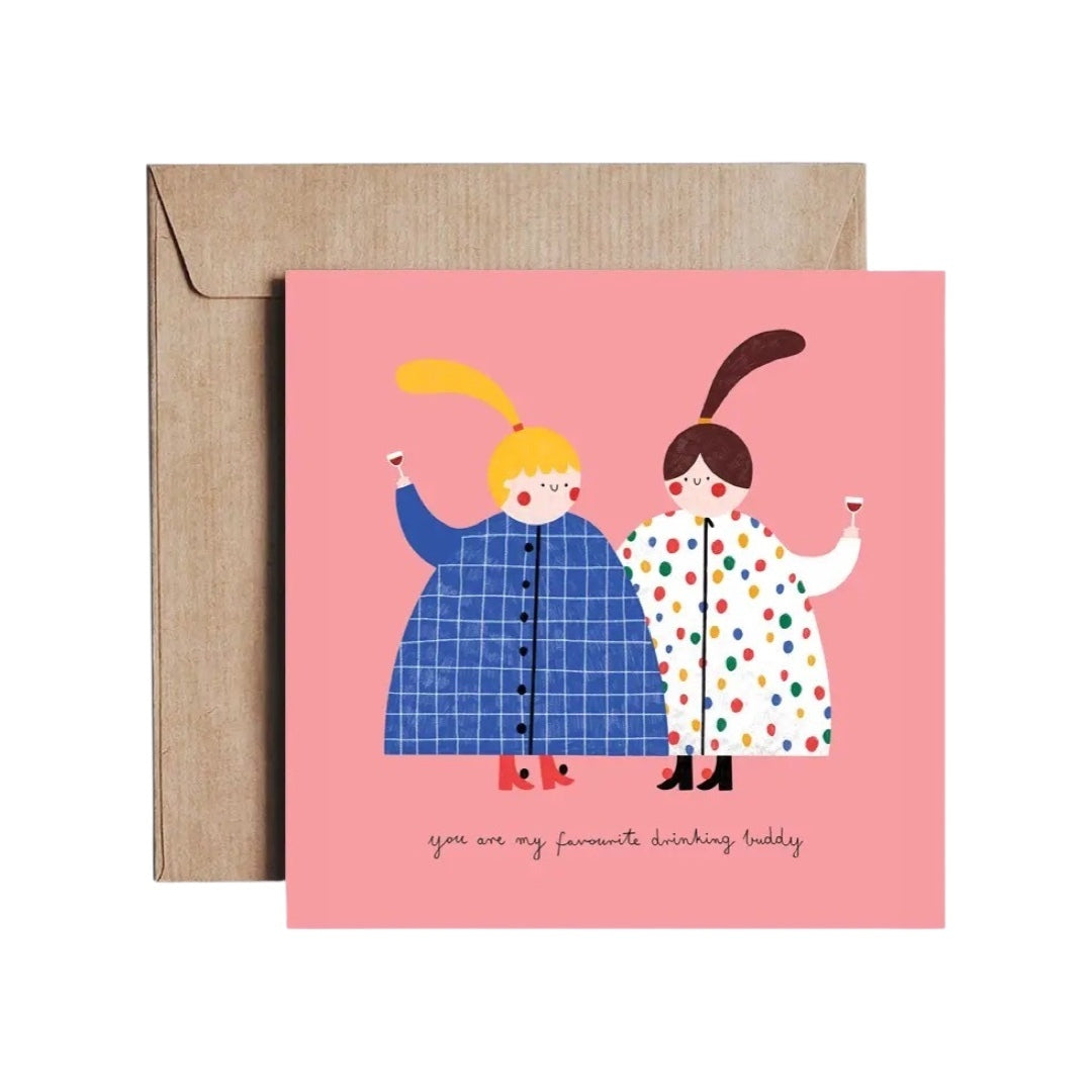 Friendship card featuring a pair of female drinking buddies dressed in fabulous coats looking like they are getting up to mischief!