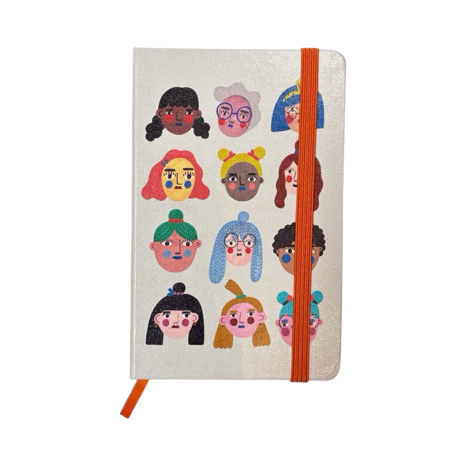 Notebook with colourful illustrations of diverse faces on a white background.