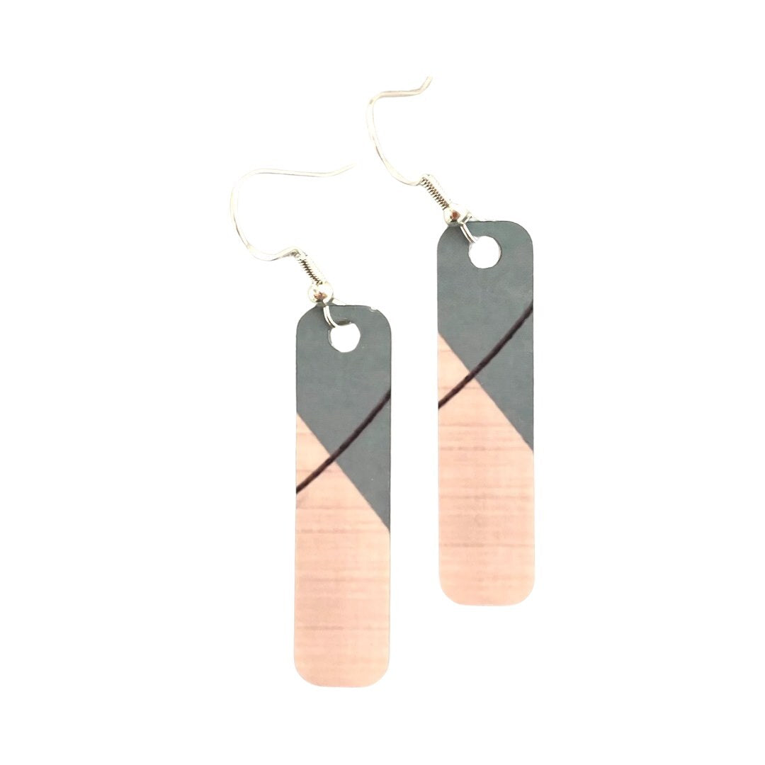 Rectangle drop earrings featuring an abstract grey and white design made from lightweight, hypo-allergenic aluminium with Sterling Silver hooks.