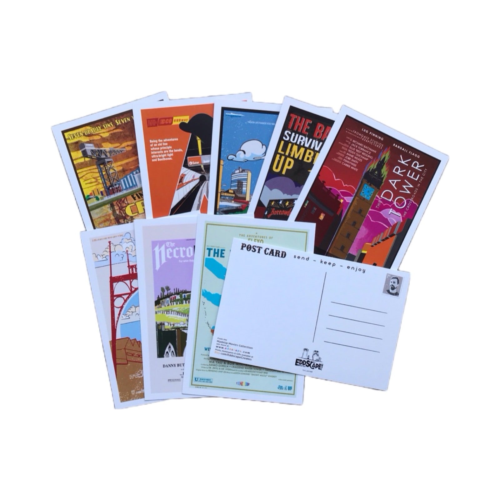 A set of nine A6 postcards featuring a collection of movie poster designs of beloved Glasgow landmarks.