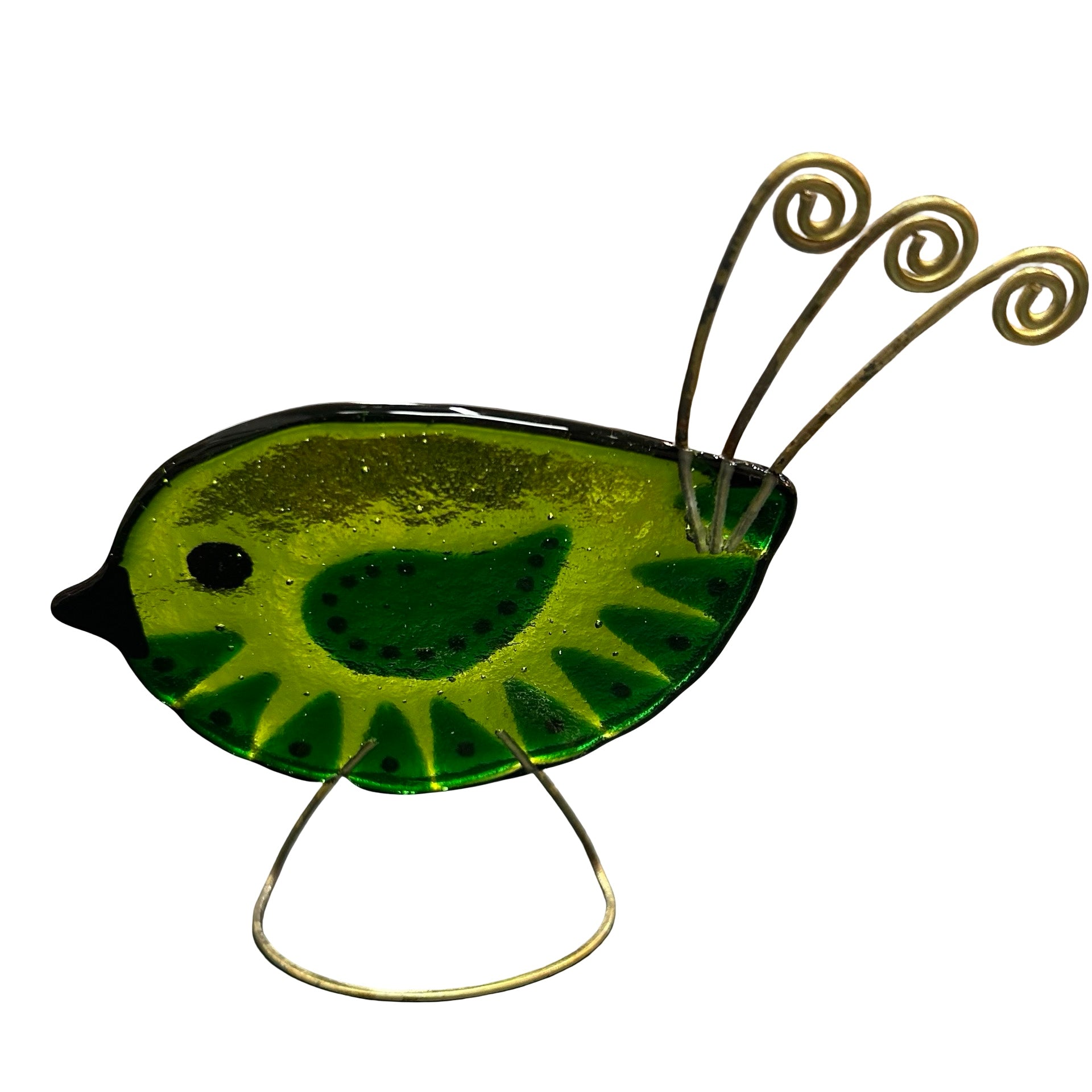 Decorative green bird figure with wire legs on a white background.