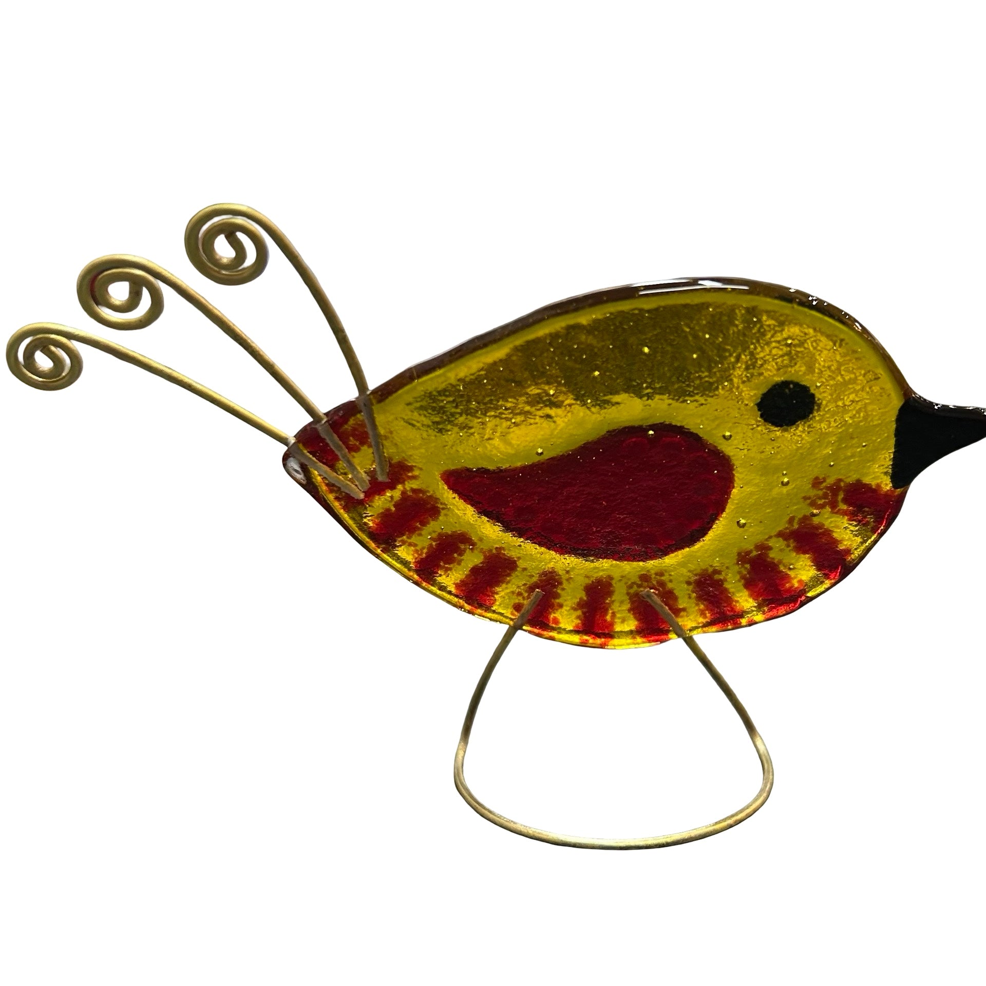Handmade fused glass bird on a copper wire stand.