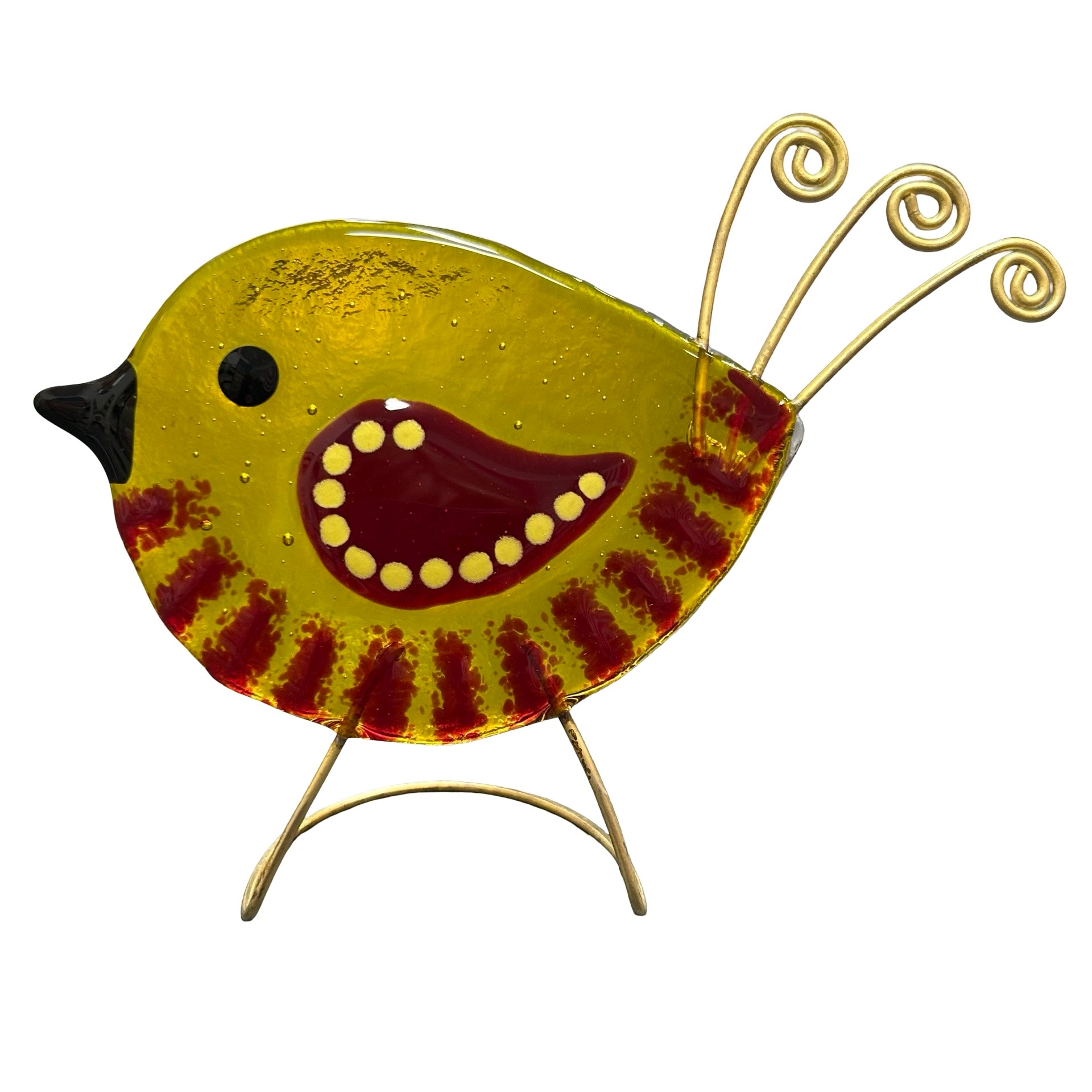 Handmade fused glass bird on a copper wire stand.