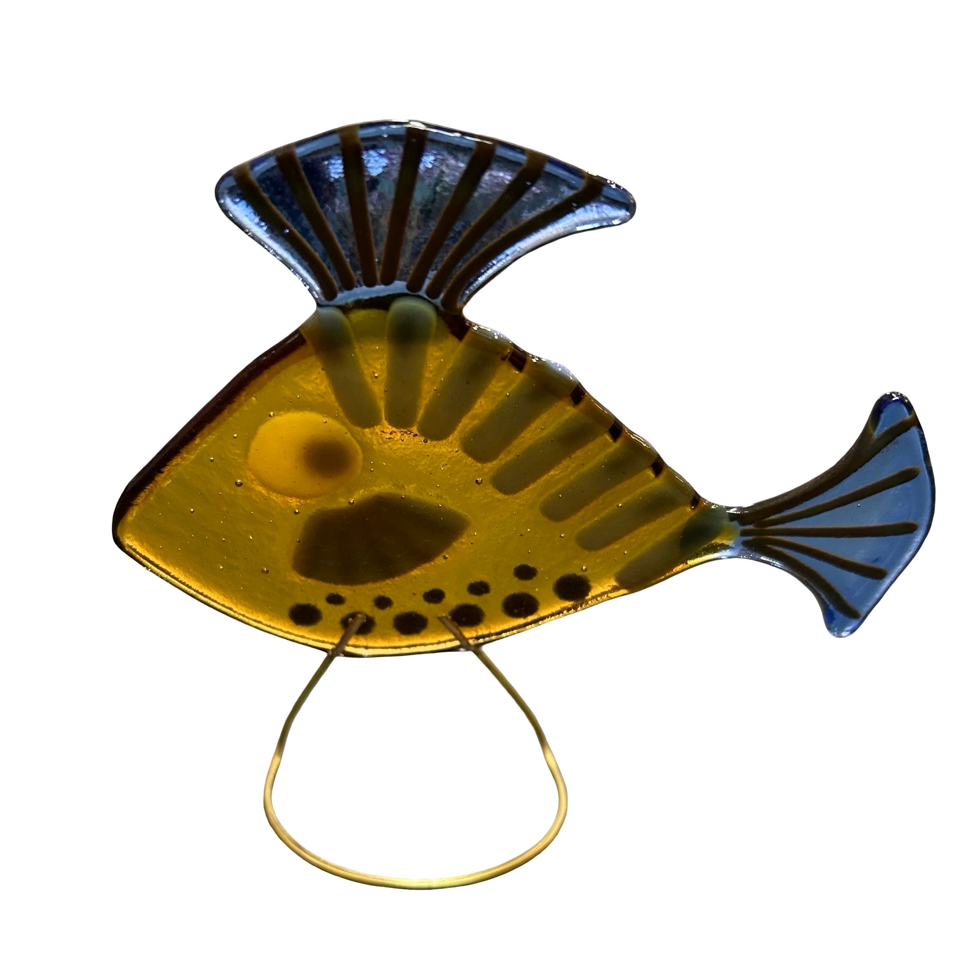Decorative glass fish-shaped ornament on a white background.