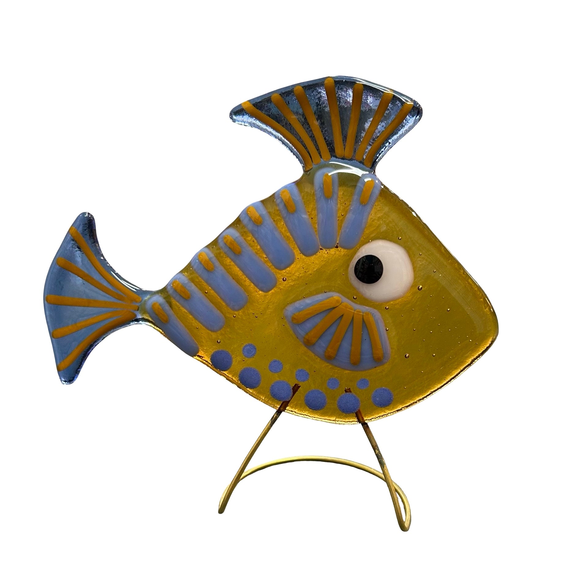 Decorative glass fish sculpture with blue and orange colors on a white background.