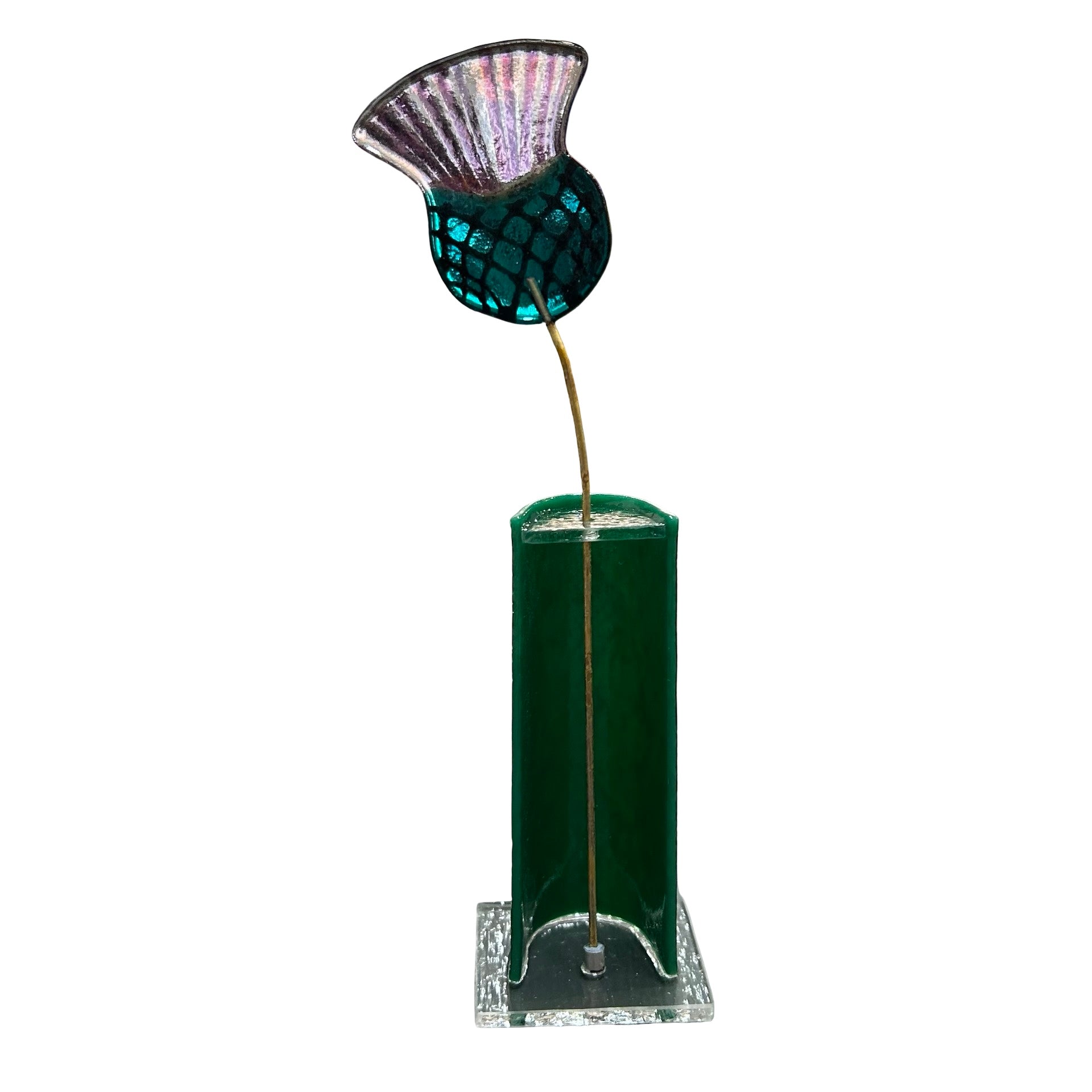 Decorative glass thistle in a vase on a white background.