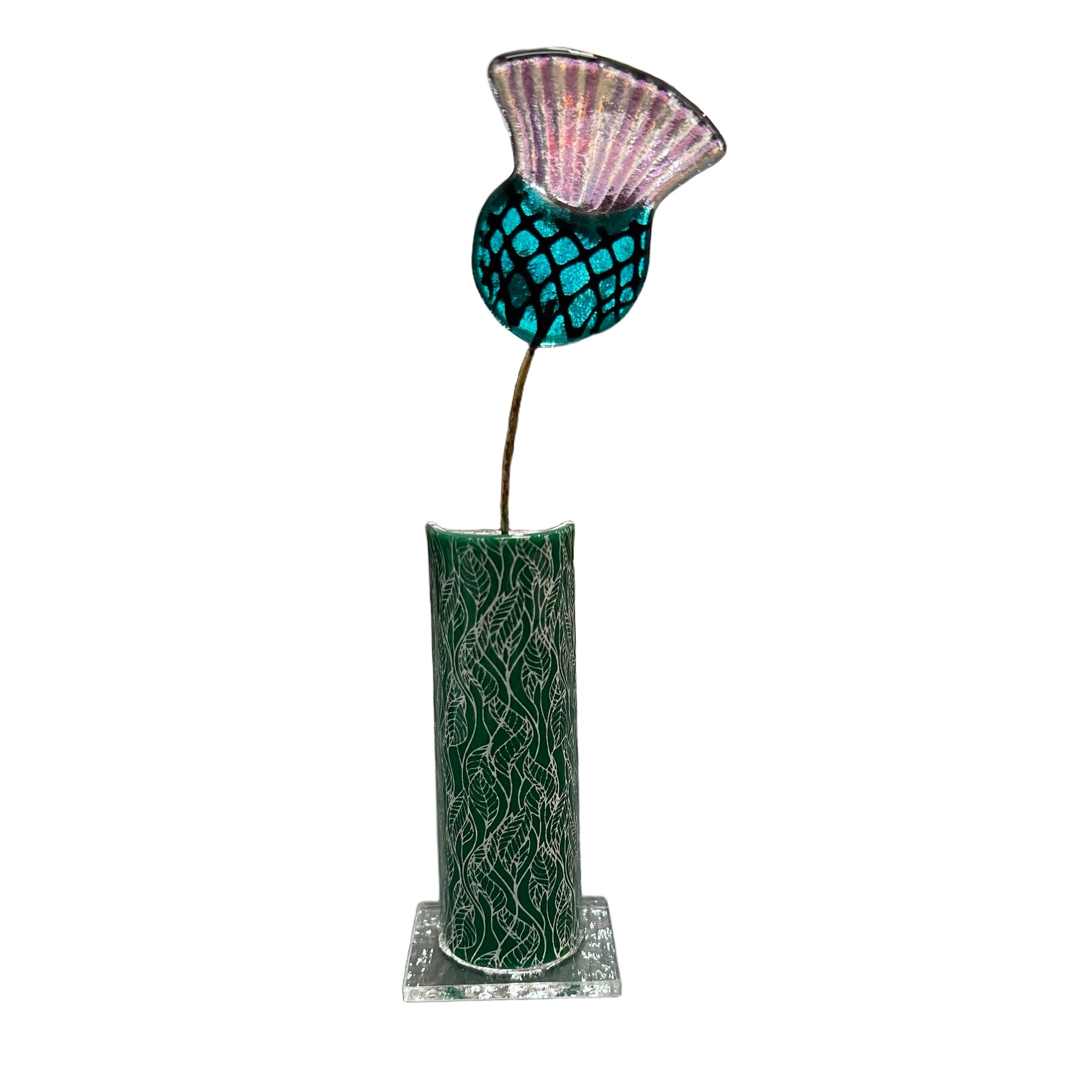 Decorative vase with a glass thistle against a white background.