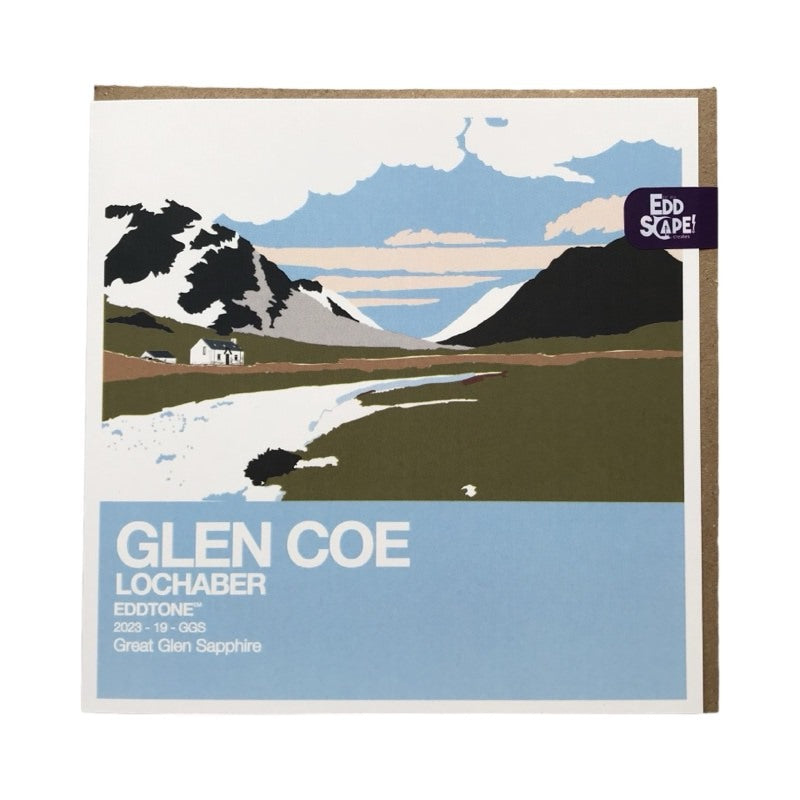 Square card featuring an illustration of the mountains in Glencoe